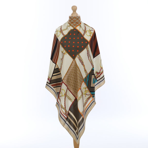 Brand New Italian Brown Equestrian Chequered Silk Scarf