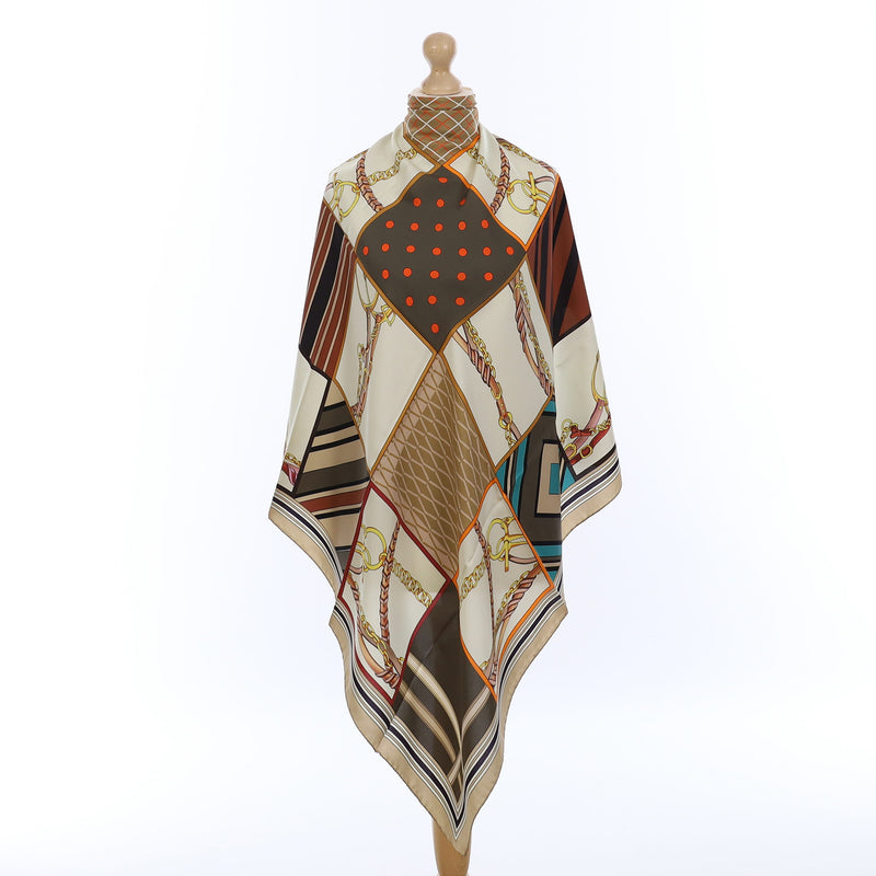 Brand New Italian Brown Equestrian Chequered Silk Scarf
