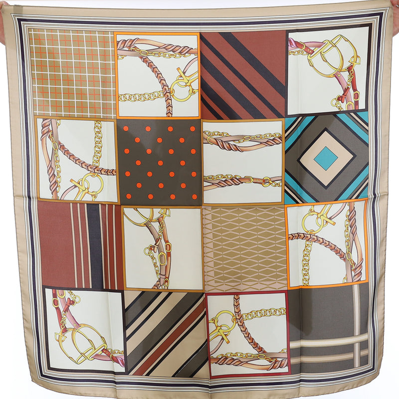 Brand New Italian Brown Equestrian Chequered Silk Scarf