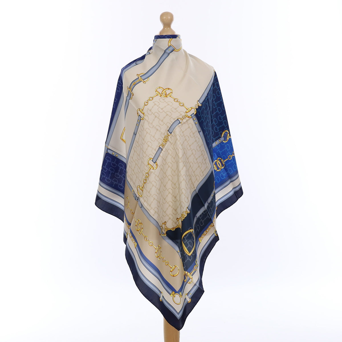 Brand New Italian Blue and Alabaster Equestrian Silk Scarf