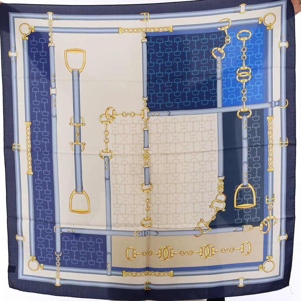 Brand New Italian Blue and Alabaster Equestrian Silk Scarf