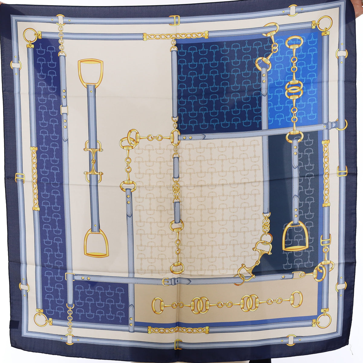 Brand New Italian Blue and Alabaster Equestrian Silk Scarf