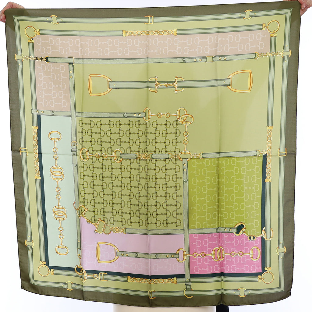 Brand New Italian Green and Pink Equestrian Silk Scarf