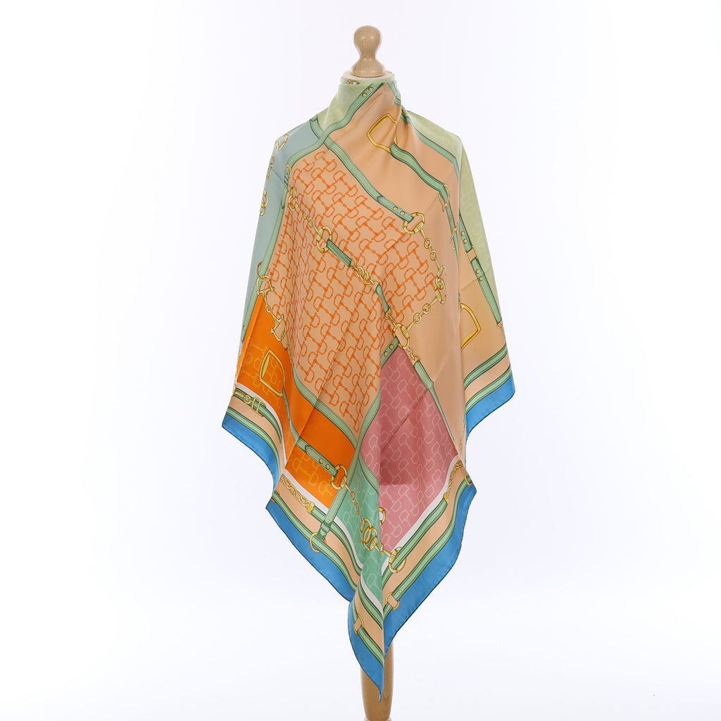 Brand New Italian Blue and Peach Equestrian Silk Scarf