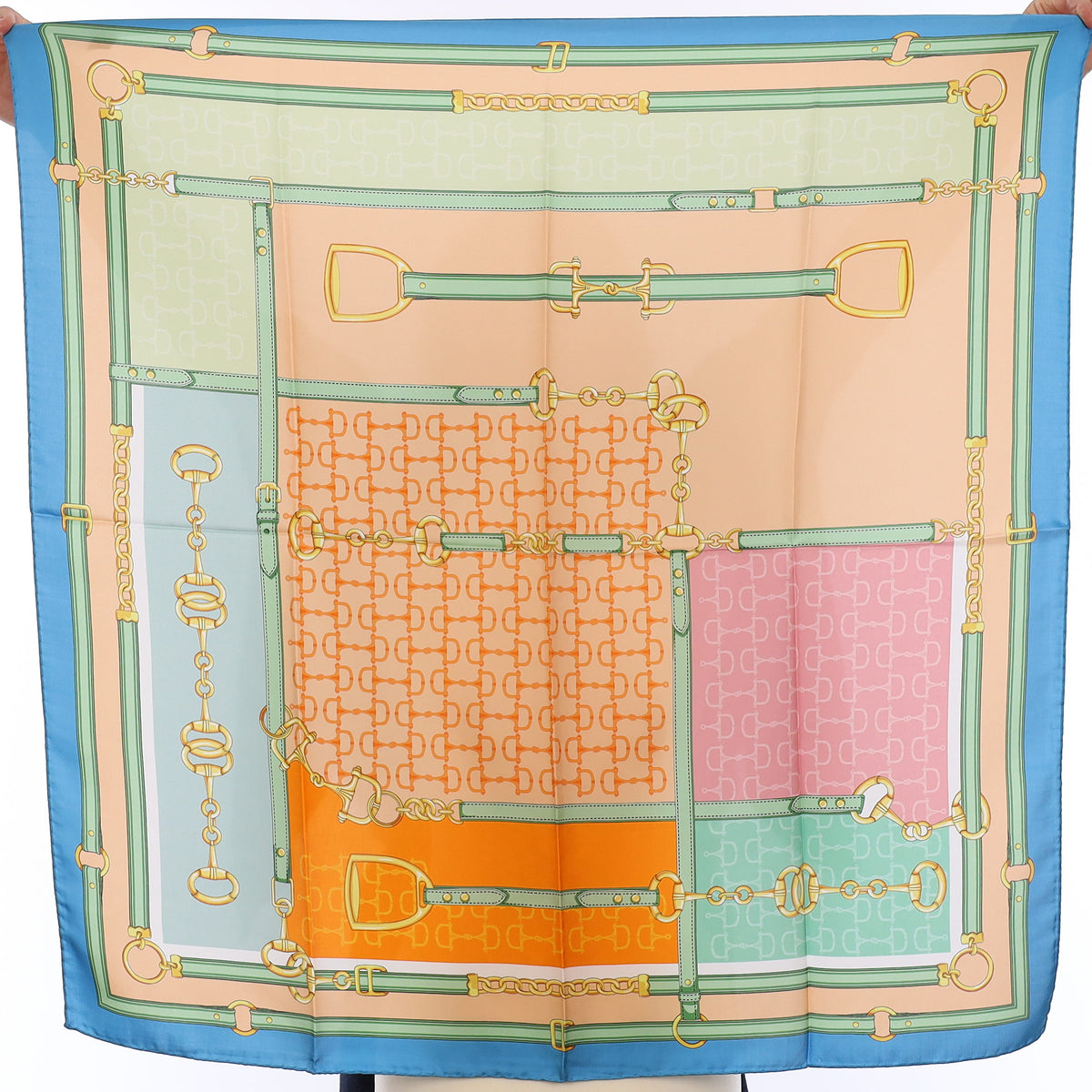 Brand New Italian Blue and Peach Equestrian Silk Scarf