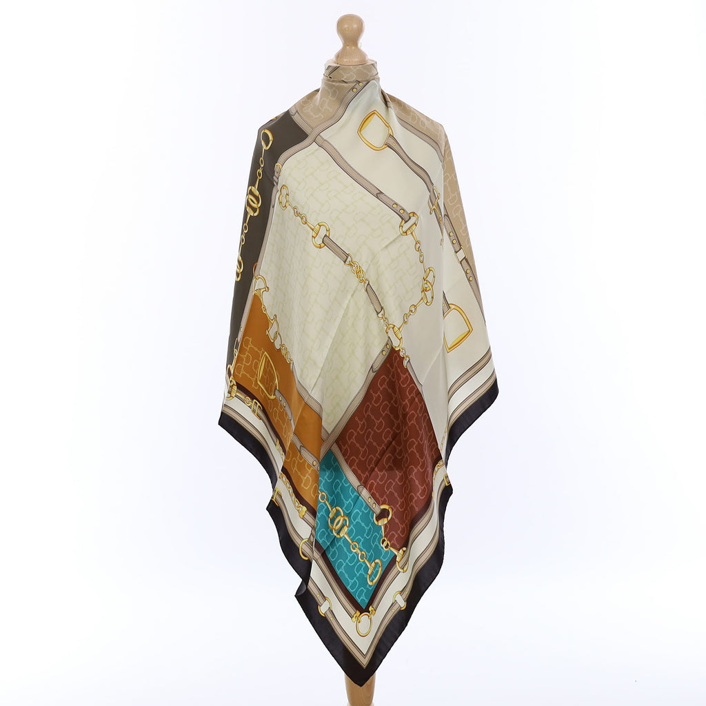 Brand New Italian Fawn and Ivory Equestrian Silk Scarf