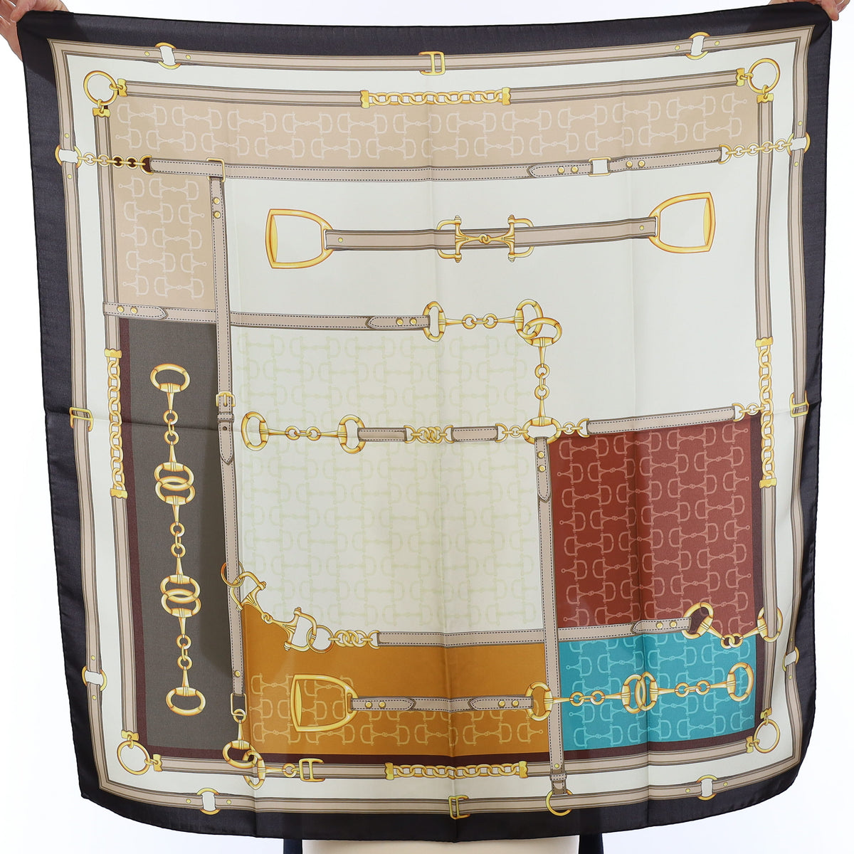 Brand New Italian Fawn and Ivory Equestrian Silk Scarf