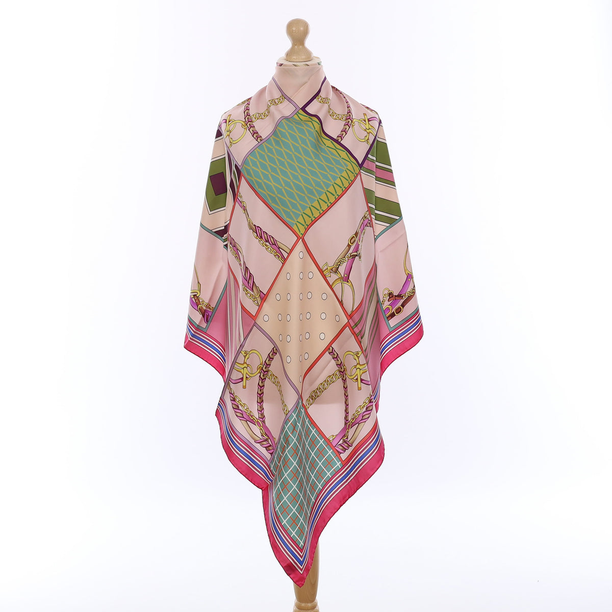 Brand New Italian Pink Equestrian Chequered Silk Scarf