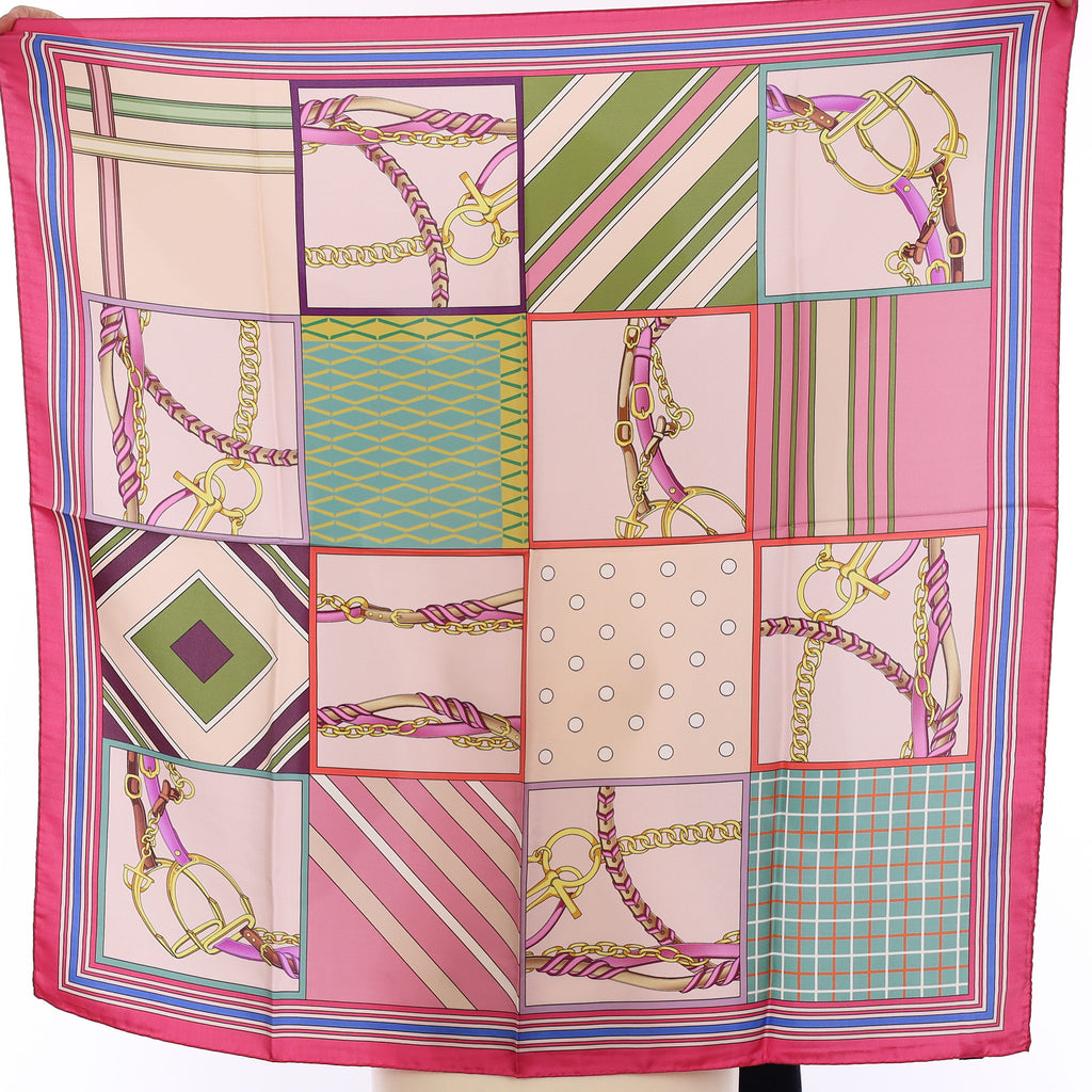 Brand New Italian Pink Equestrian Chequered Silk Scarf