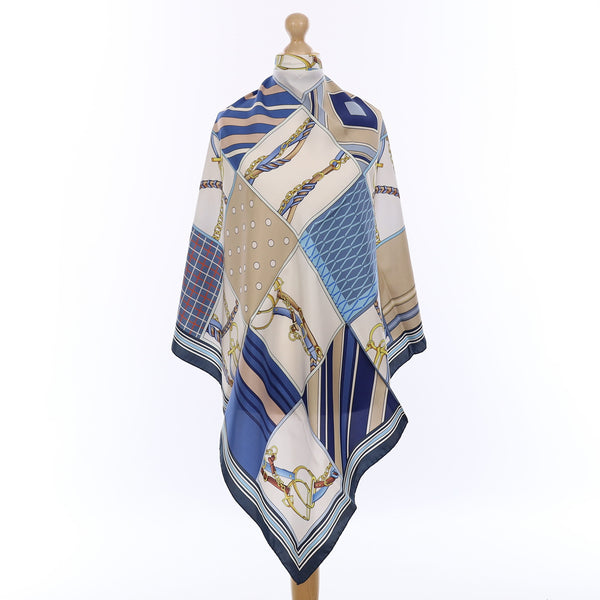 Brand New Italian Blue Equestrian Chequered Silk Scarf