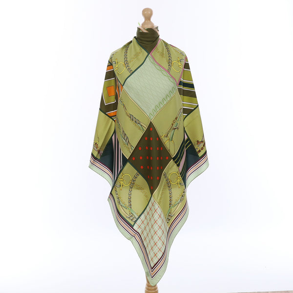 Brand New Italian Green Equestrian Chequered Silk Scarf