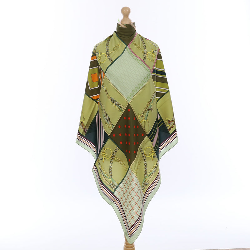 Brand New Italian Green Equestrian Chequered Silk Scarf