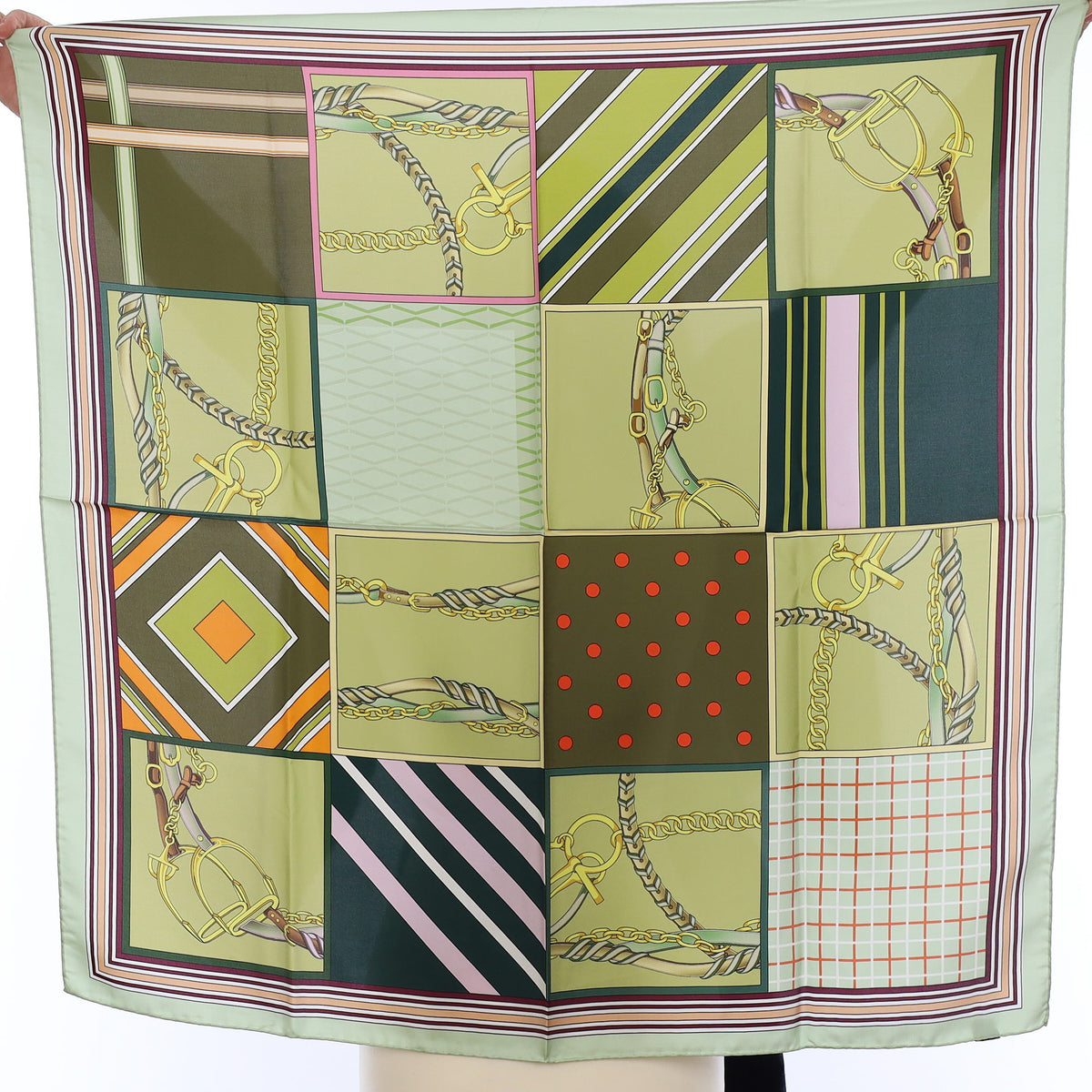 Brand New Italian Green Equestrian Chequered Silk Scarf