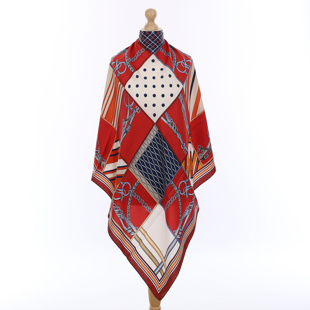 Brand New Italian Red Equestrian Chequered Silk Scarf