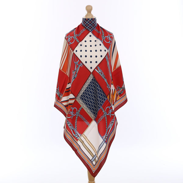 Brand New Italian Red Equestrian Chequered Silk Scarf