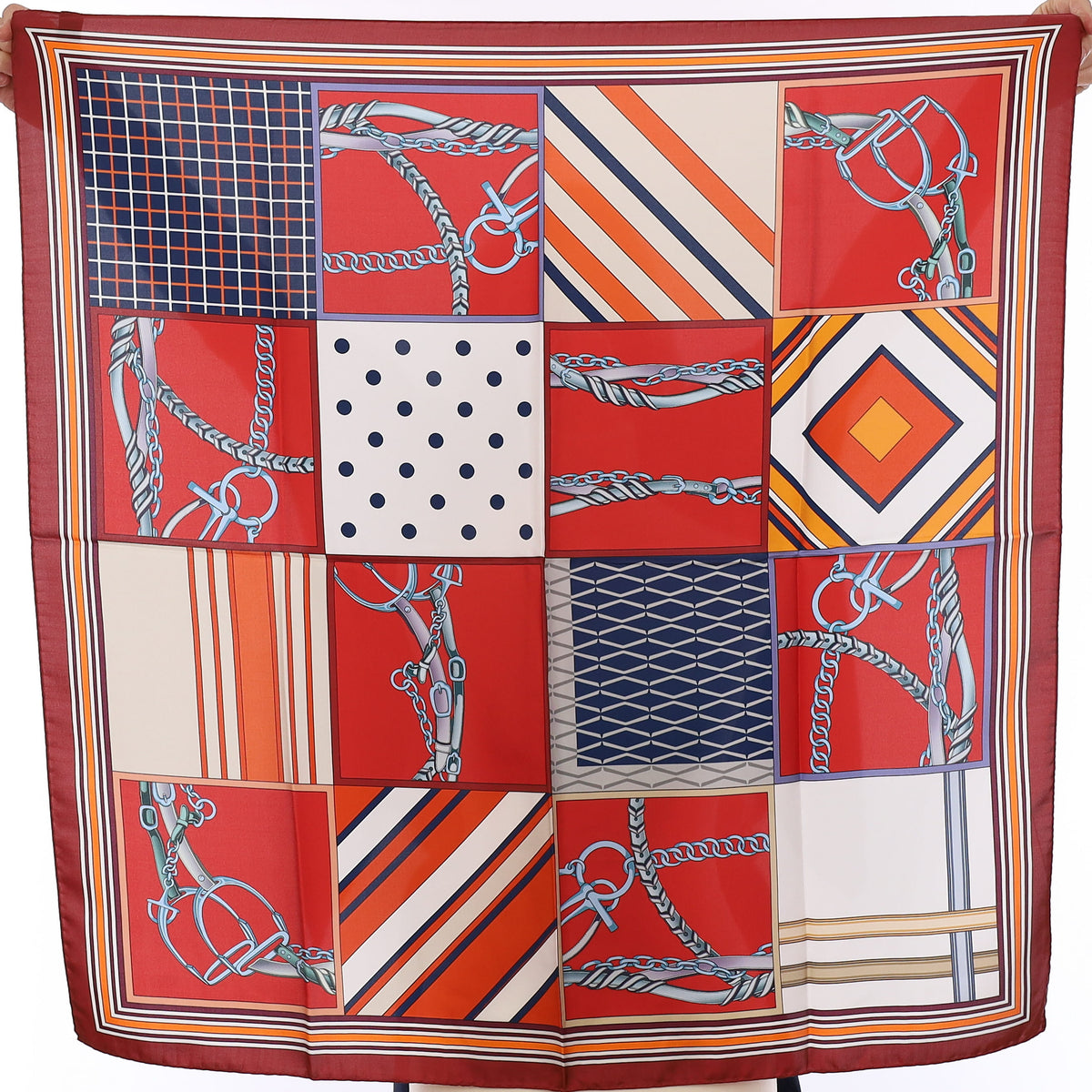 Brand New Italian Red Equestrian Chequered Silk Scarf