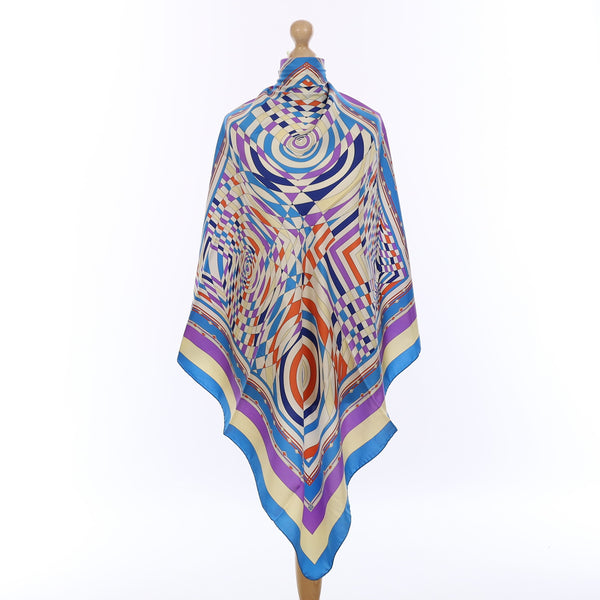 Brand New Italian Blue and Purple Geometric Dazzle Silk Scarf