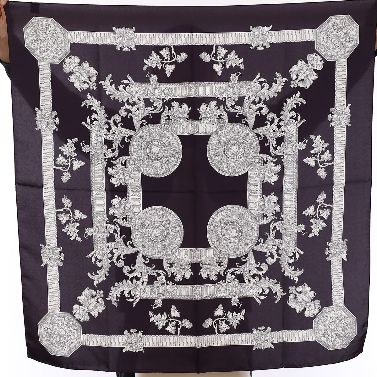 Brand New Italian Dark Navy Baroque Silk Scarf