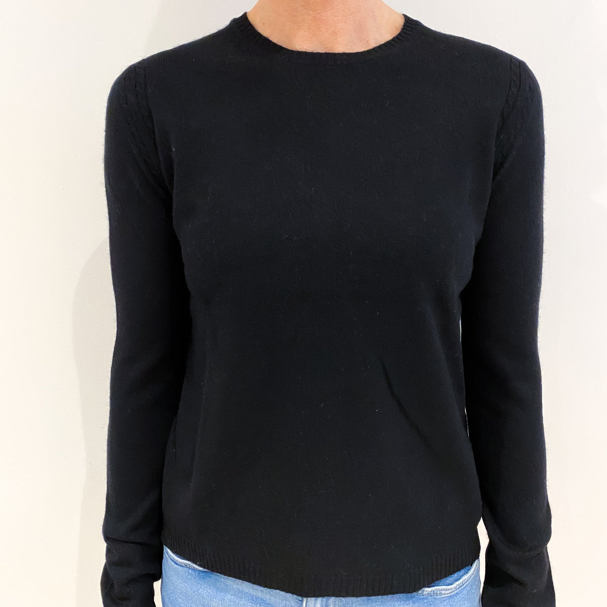 Black Cashmere Crew Neck Jumper with Cable Detail on Top of Sleeve Small