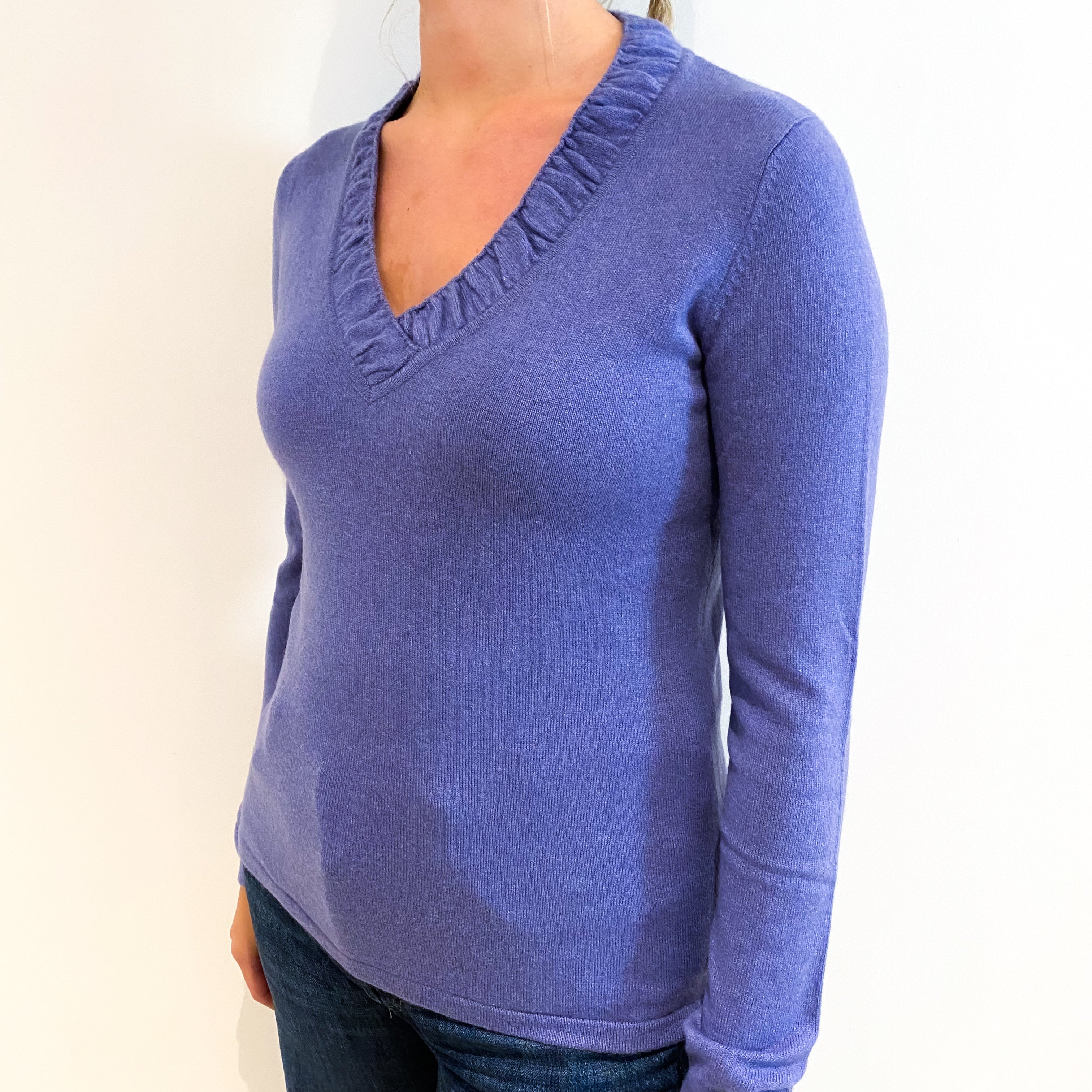 Bluebell Purple Cashmere Gathered V-Neck Jumper Small