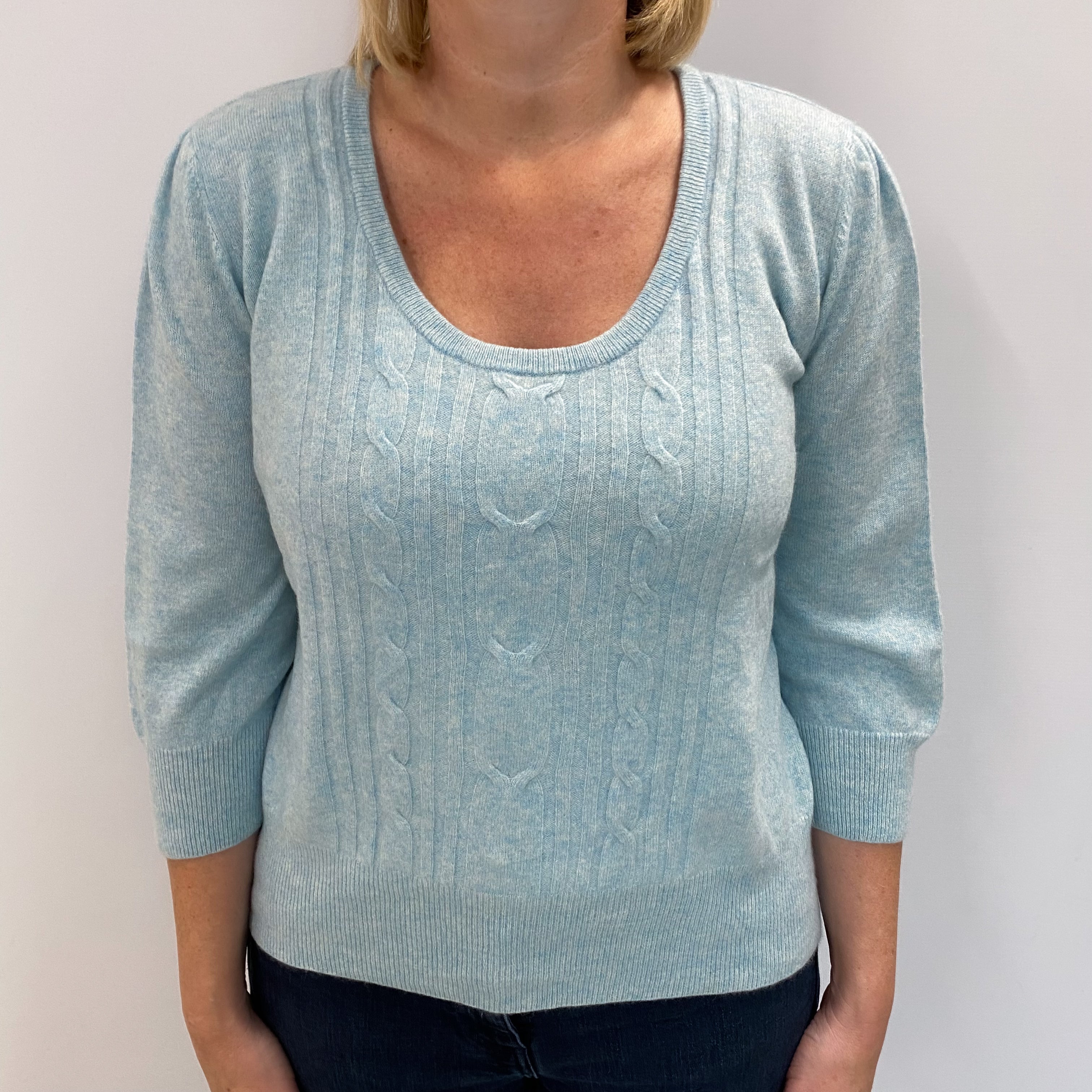 Opal Blue Cashmere Scoop Neck Cable Knit Jumper Large