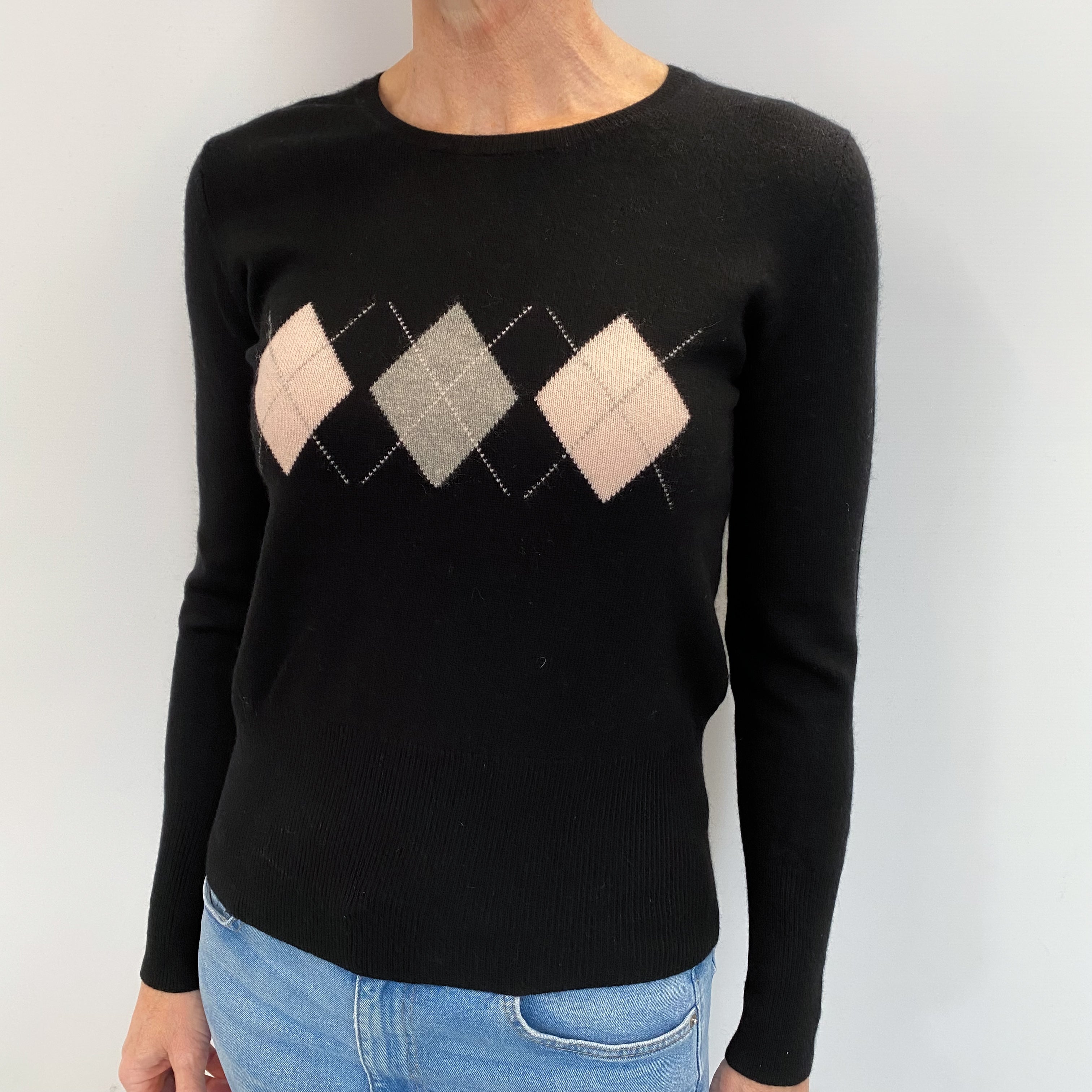 Black Argyle Pattern Cashmere Crew Neck Jumper Small