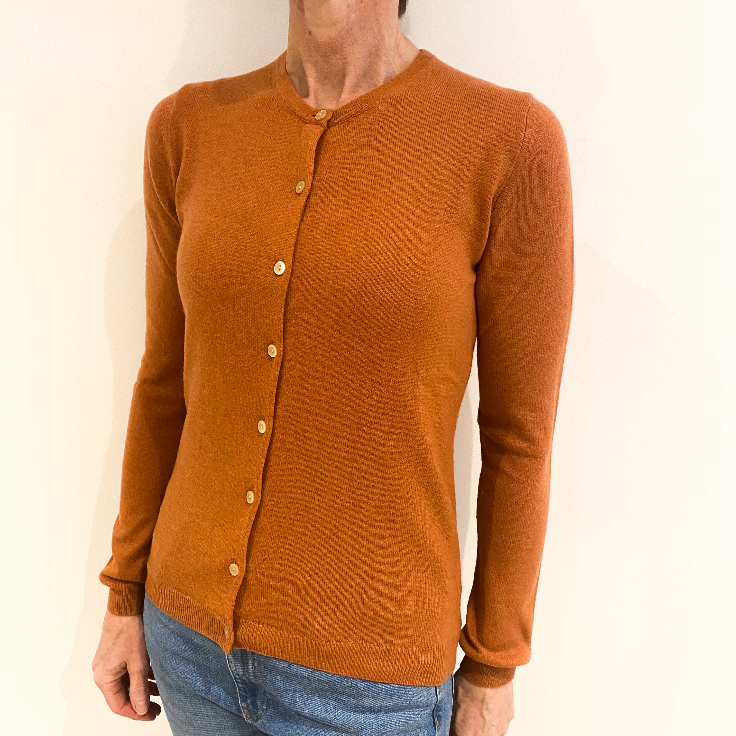 Deep Peach Pink Cashmere Crew Neck Cardigan Small
