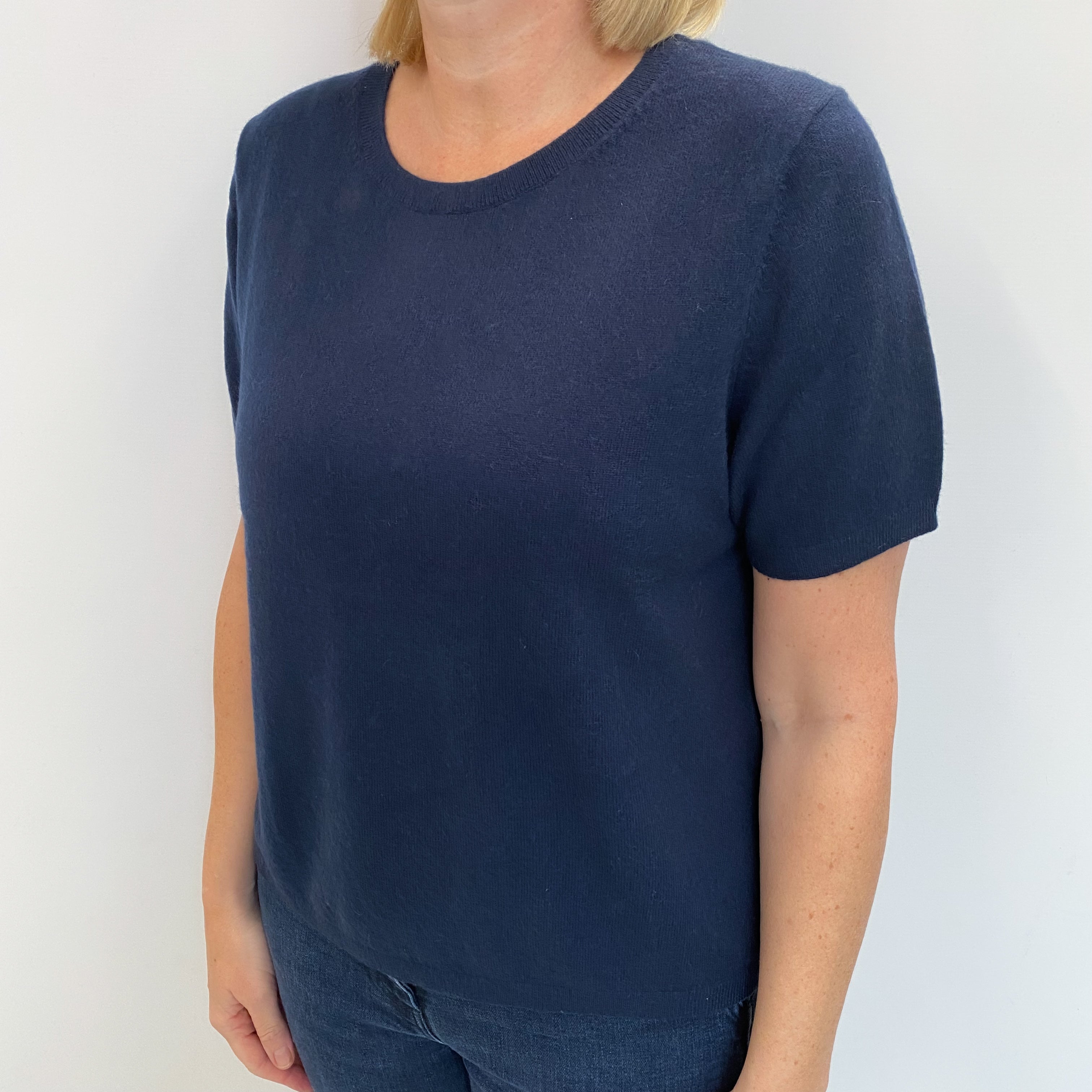 Navy Blue Cashmere Crew Neck Short Sleeved Jumper Large