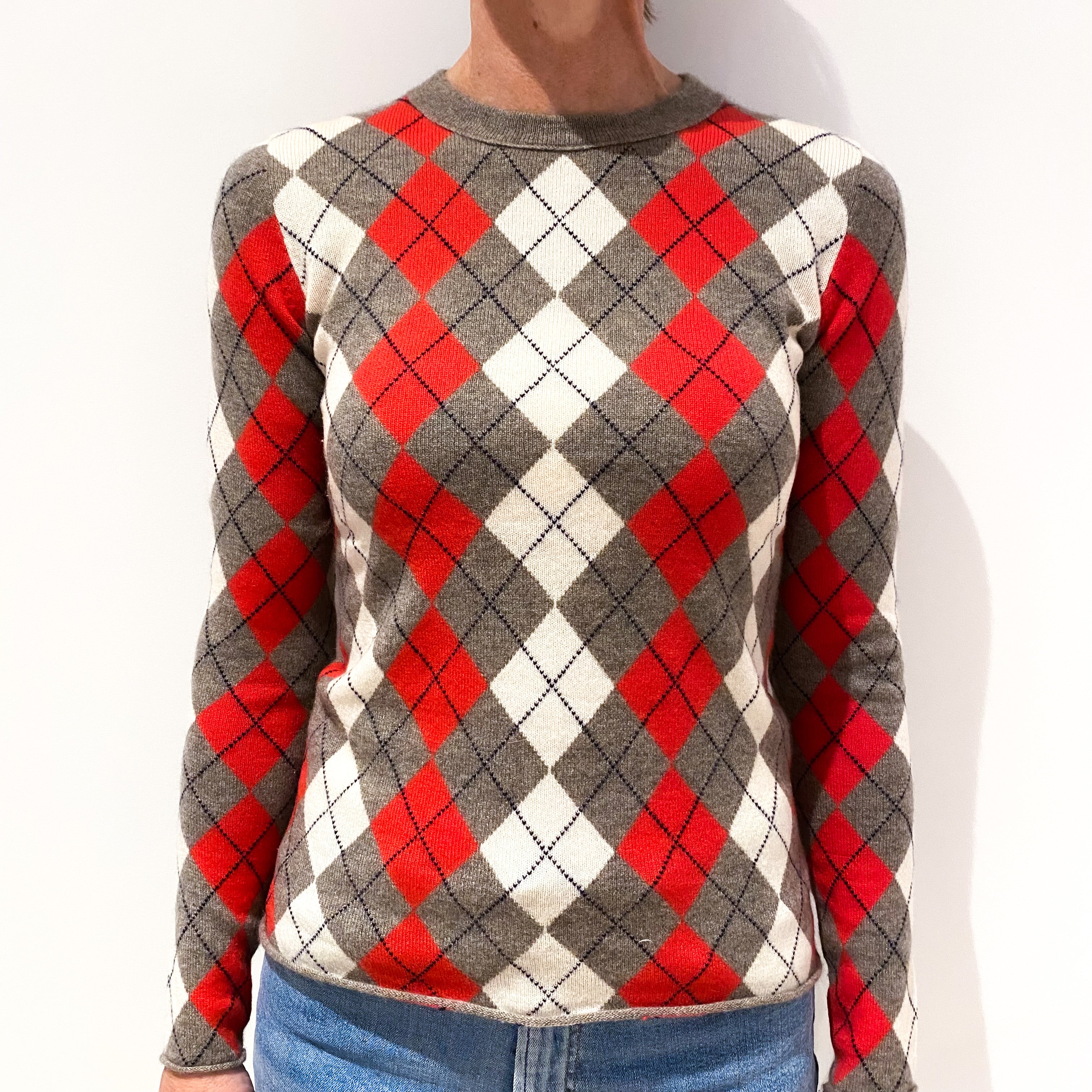 Red, Grey and Cream Argyle Cashmere Crew Neck Jumper Small