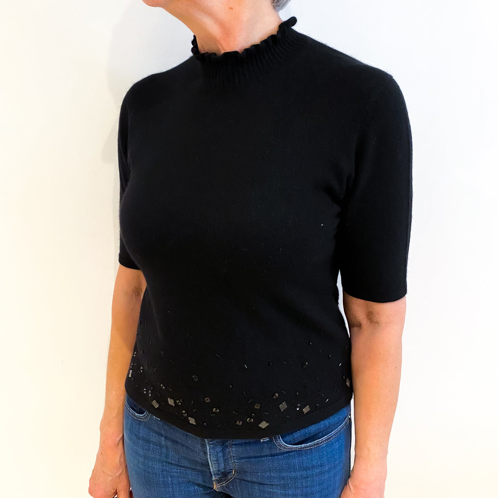 Black Beaded Cashmere Turtle Neck Short Sleeve Jumper Medium