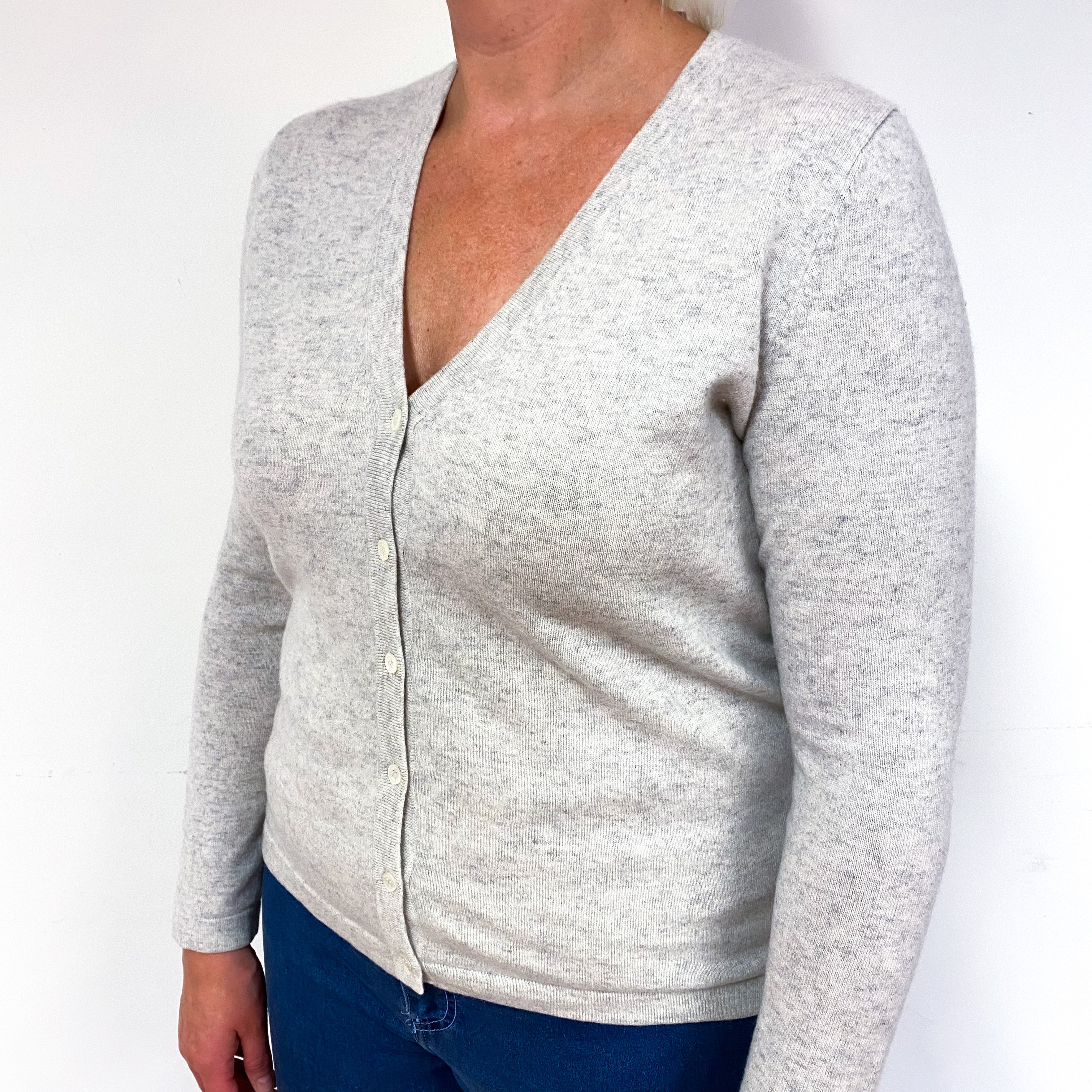 New Mist Grey Cashmere V- Neck Cardigan Large