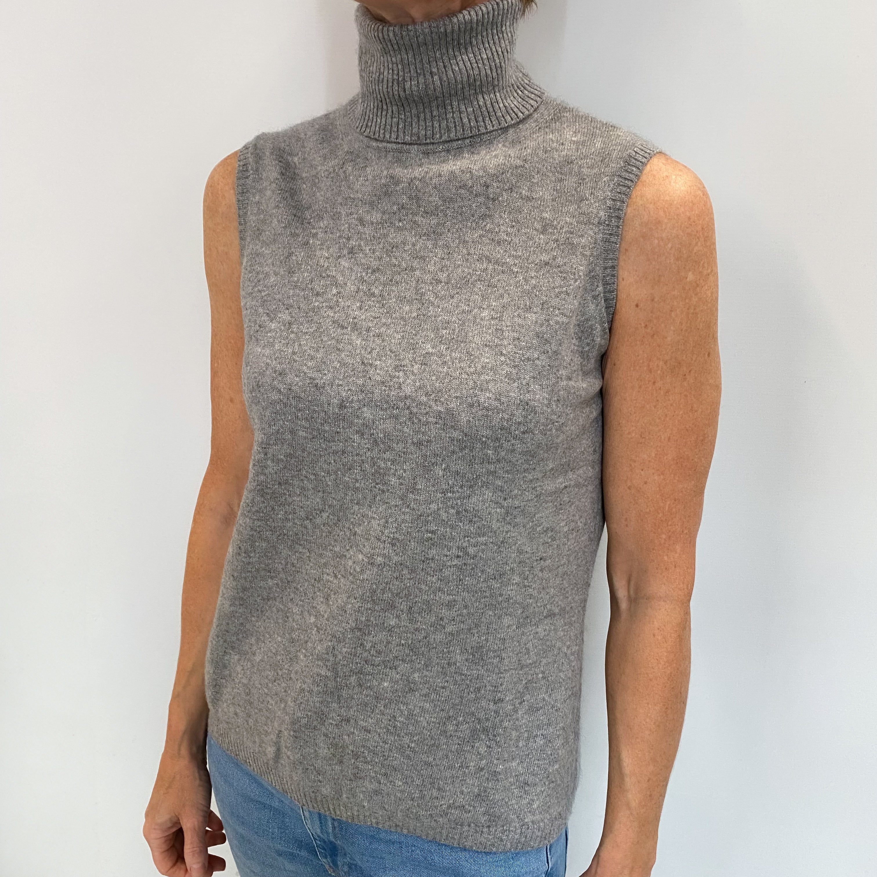 Ash Grey Cashmere Polo Neck Sleeveless Jumper Small