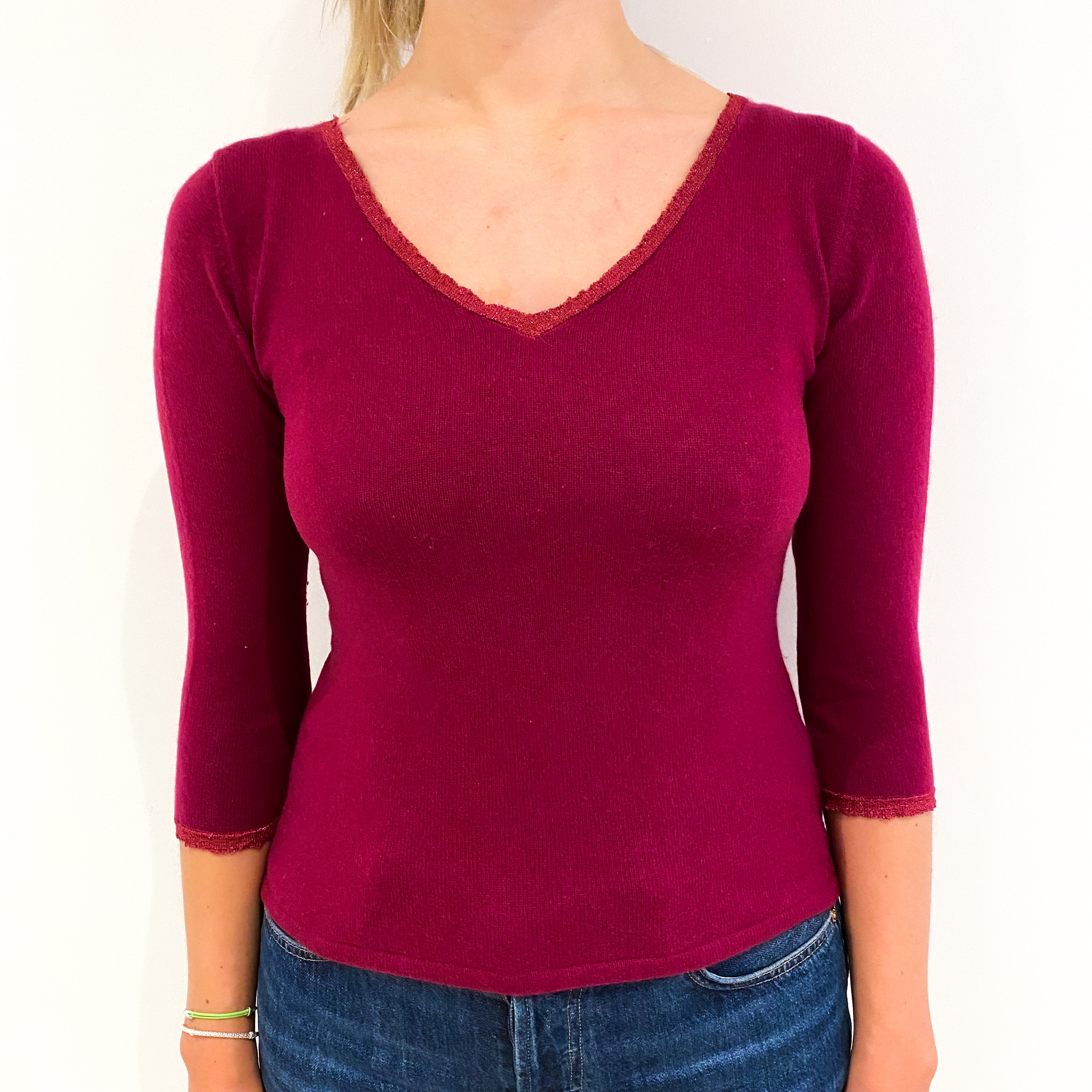 Cherry Red 3/4 Sleeve Cashmere V-Neck Jumper Small