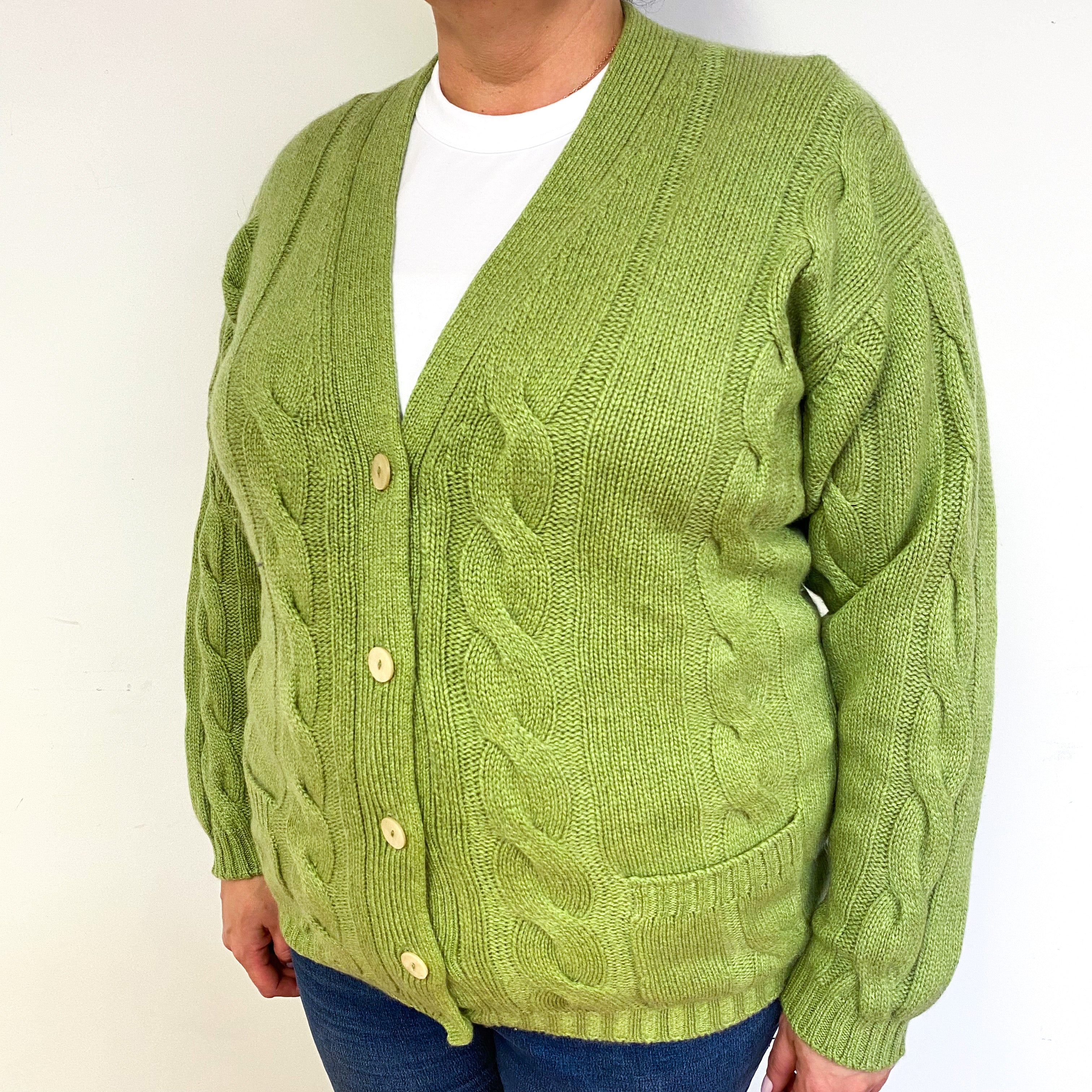 Lime Green Chunky Cable Cashmere V-Neck Cardigan Extra Large