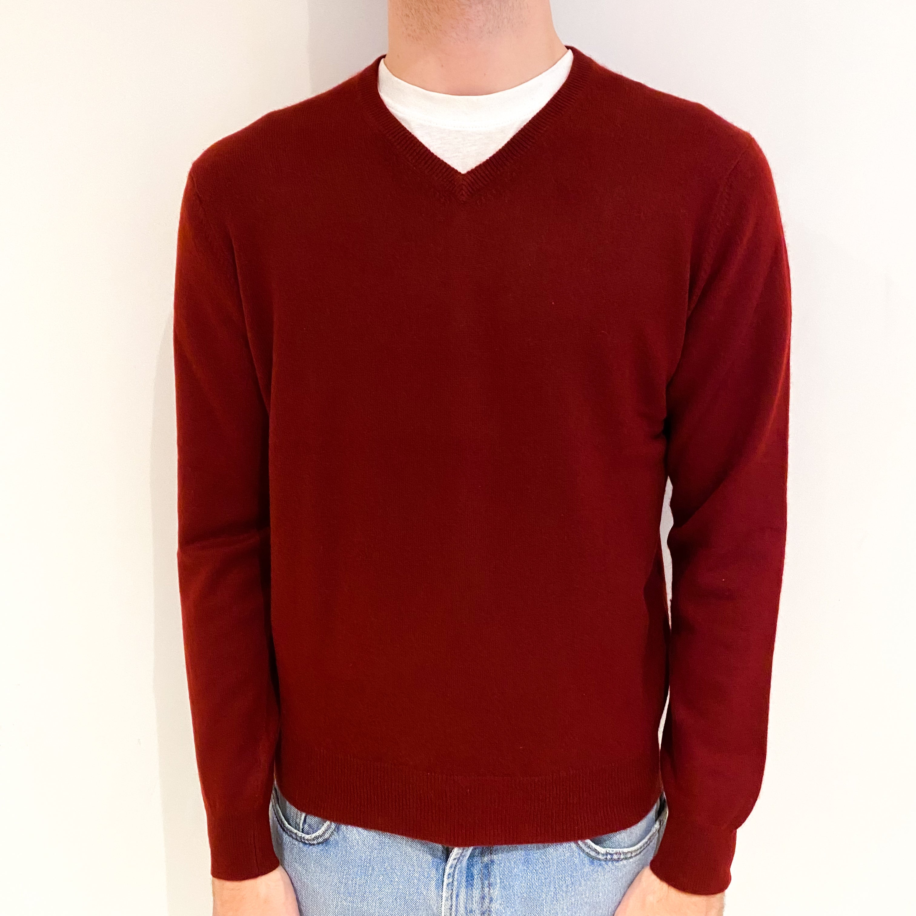 Men's Maroon Red Cashmere V Neck Jumper Medium