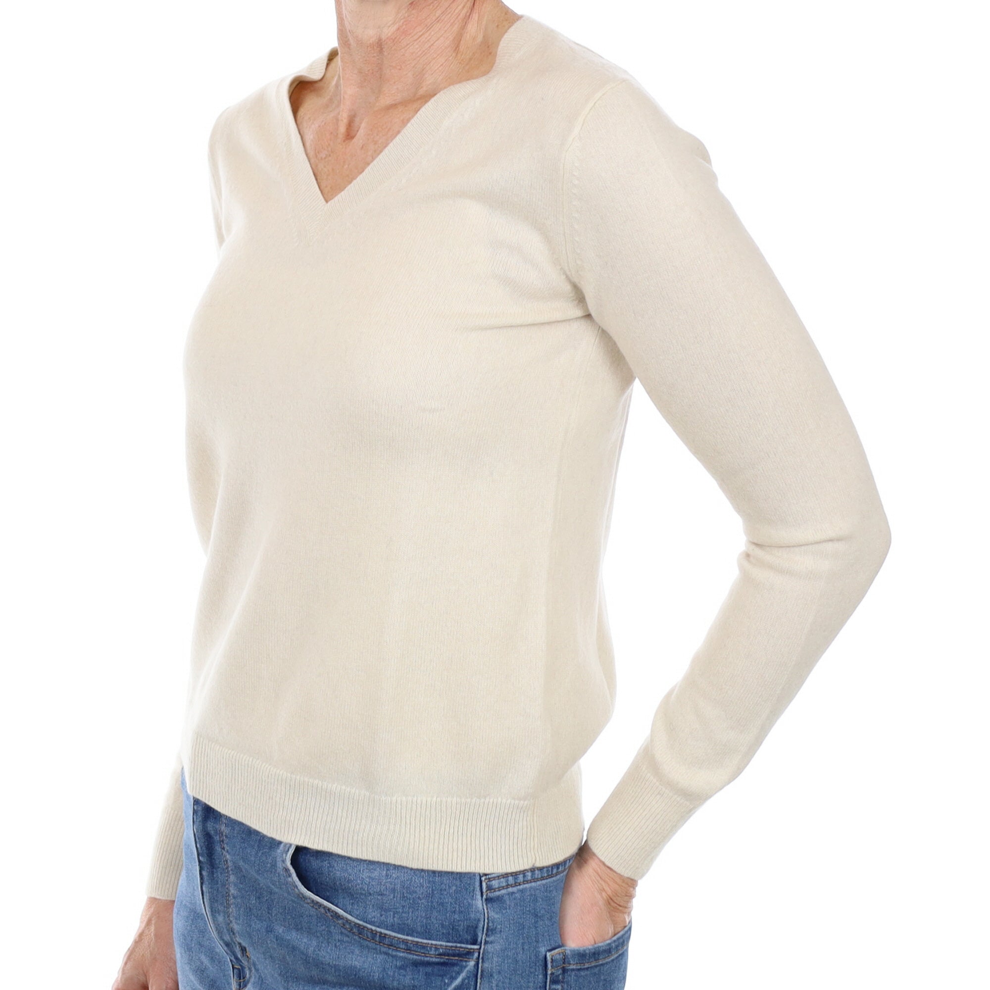 Vanilla Cream Cashmere V Neck Jumper Small
