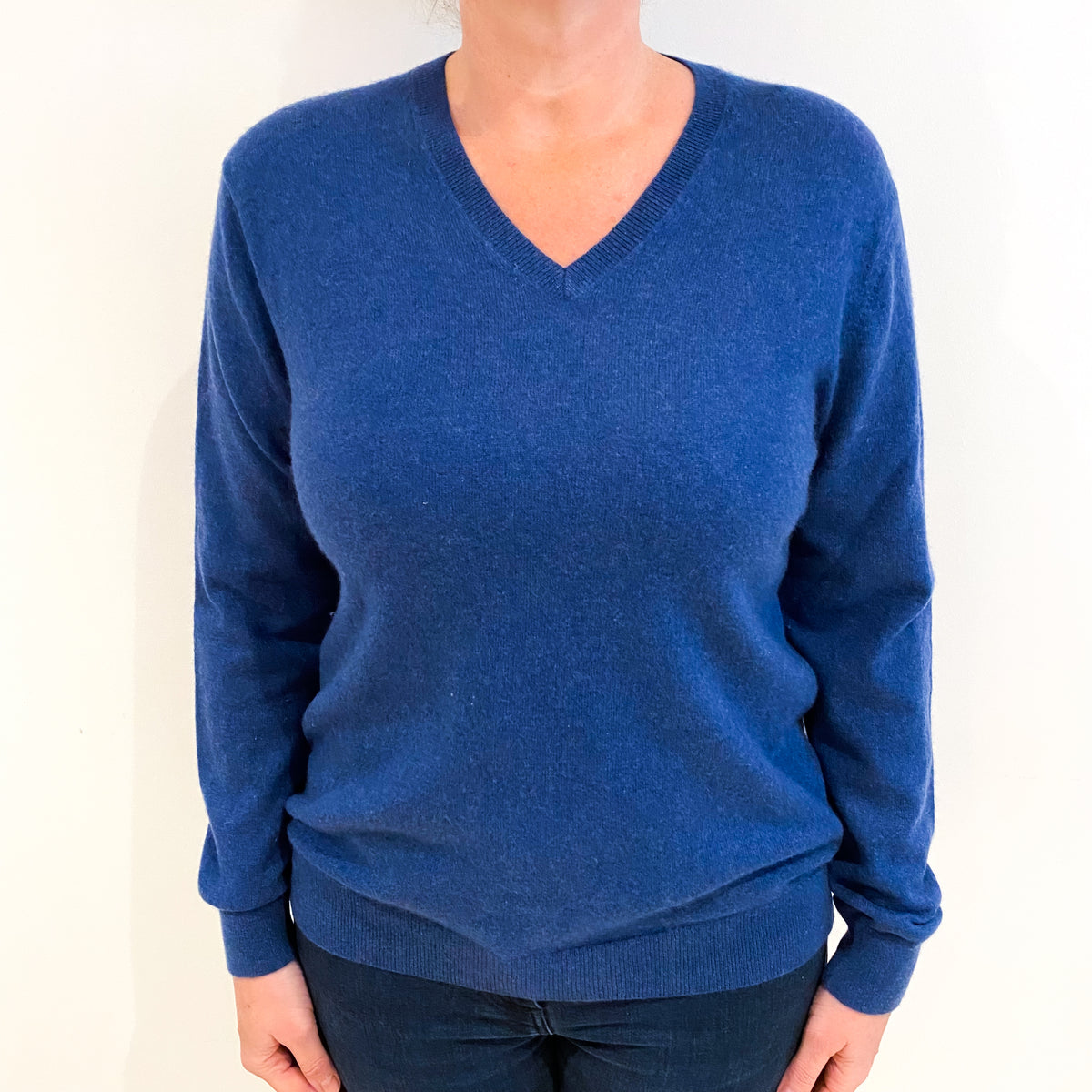 Naval Blue Cashmere V Neck Jumper Large