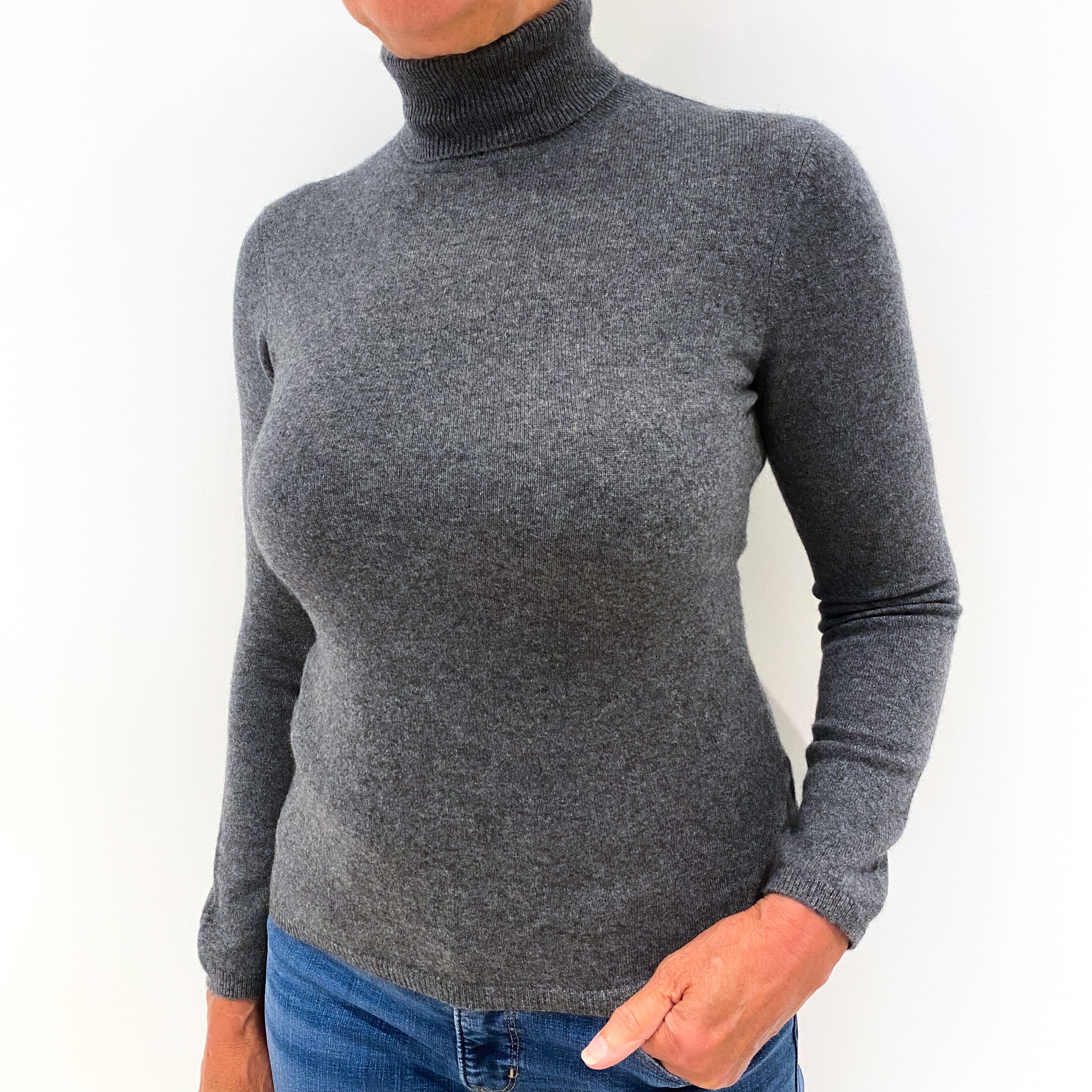 Slate Grey Cashmere Polo Neck Jumper Medium