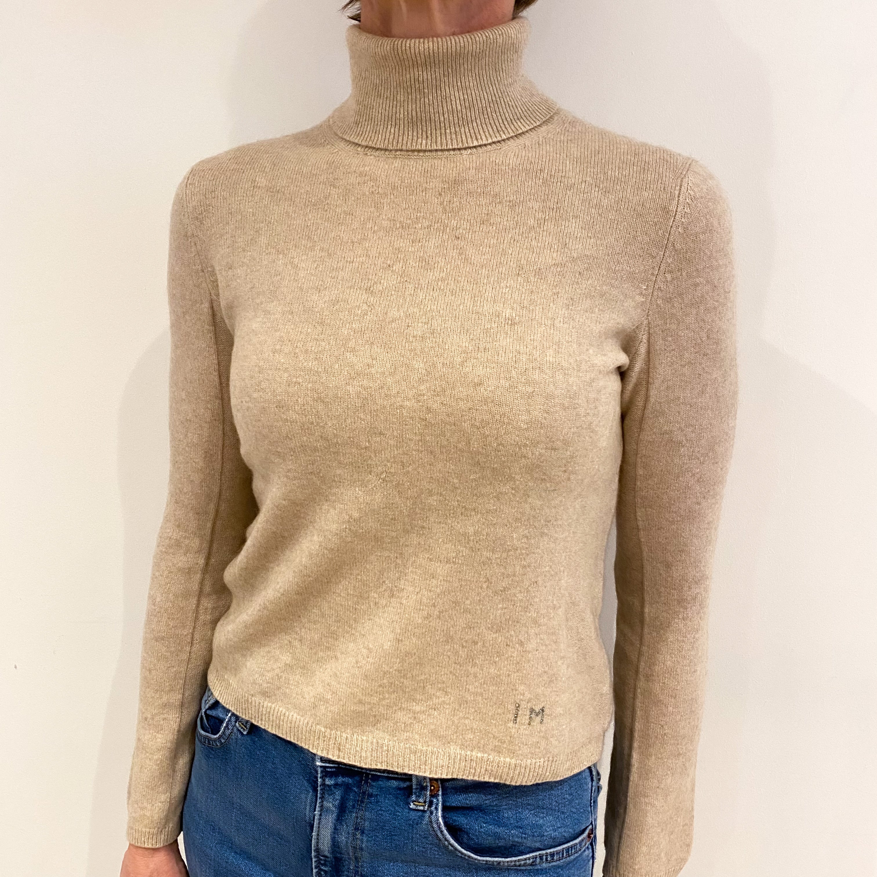 Honey Beige Cashmere Polo Neck Jumper Small