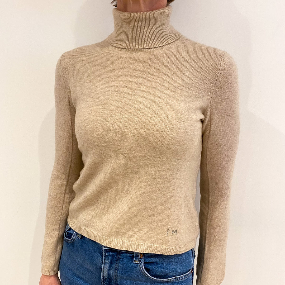 Honey Beige Cashmere Polo Neck Jumper Small
