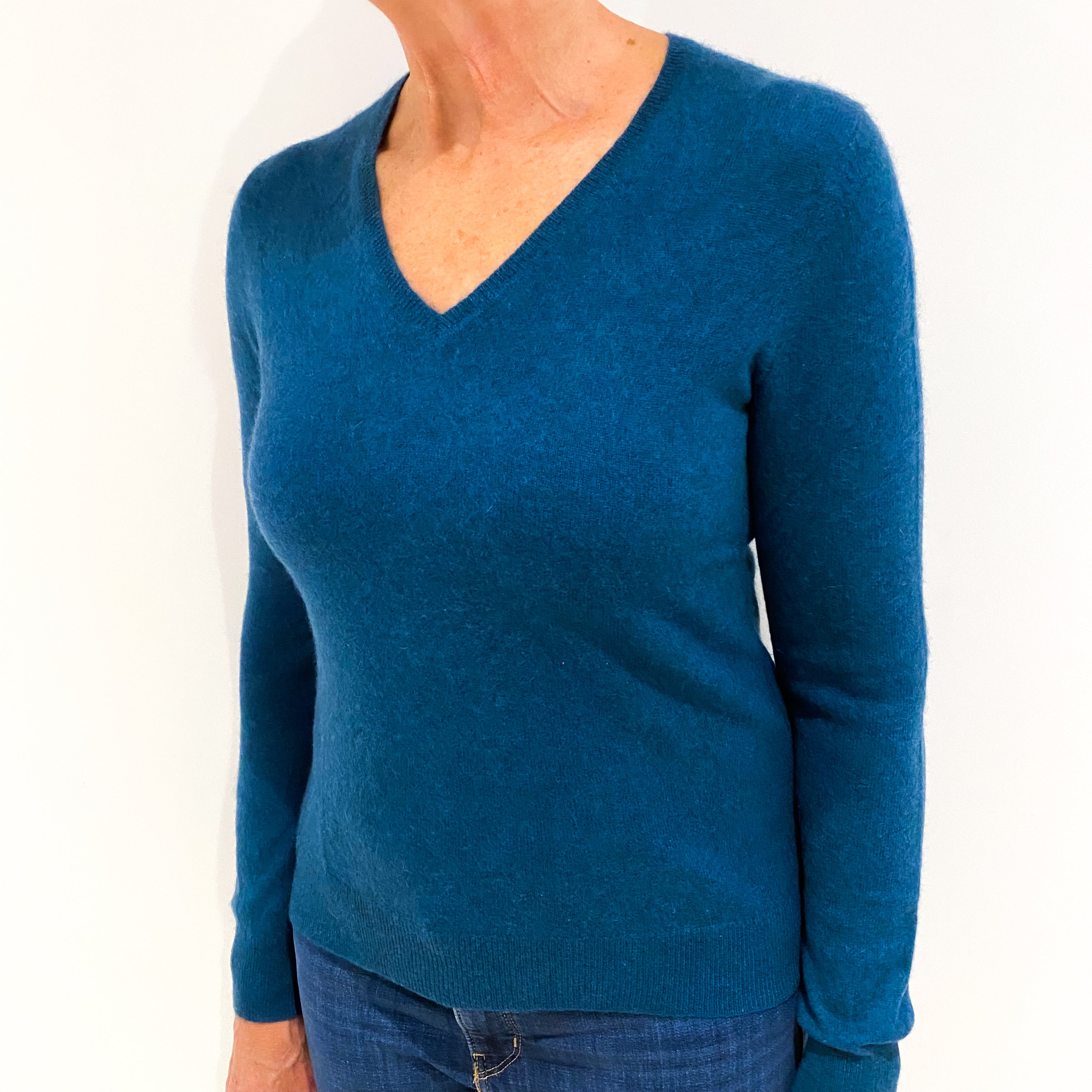 Petrol Blue Cashmere V-Neck Jumper Medium