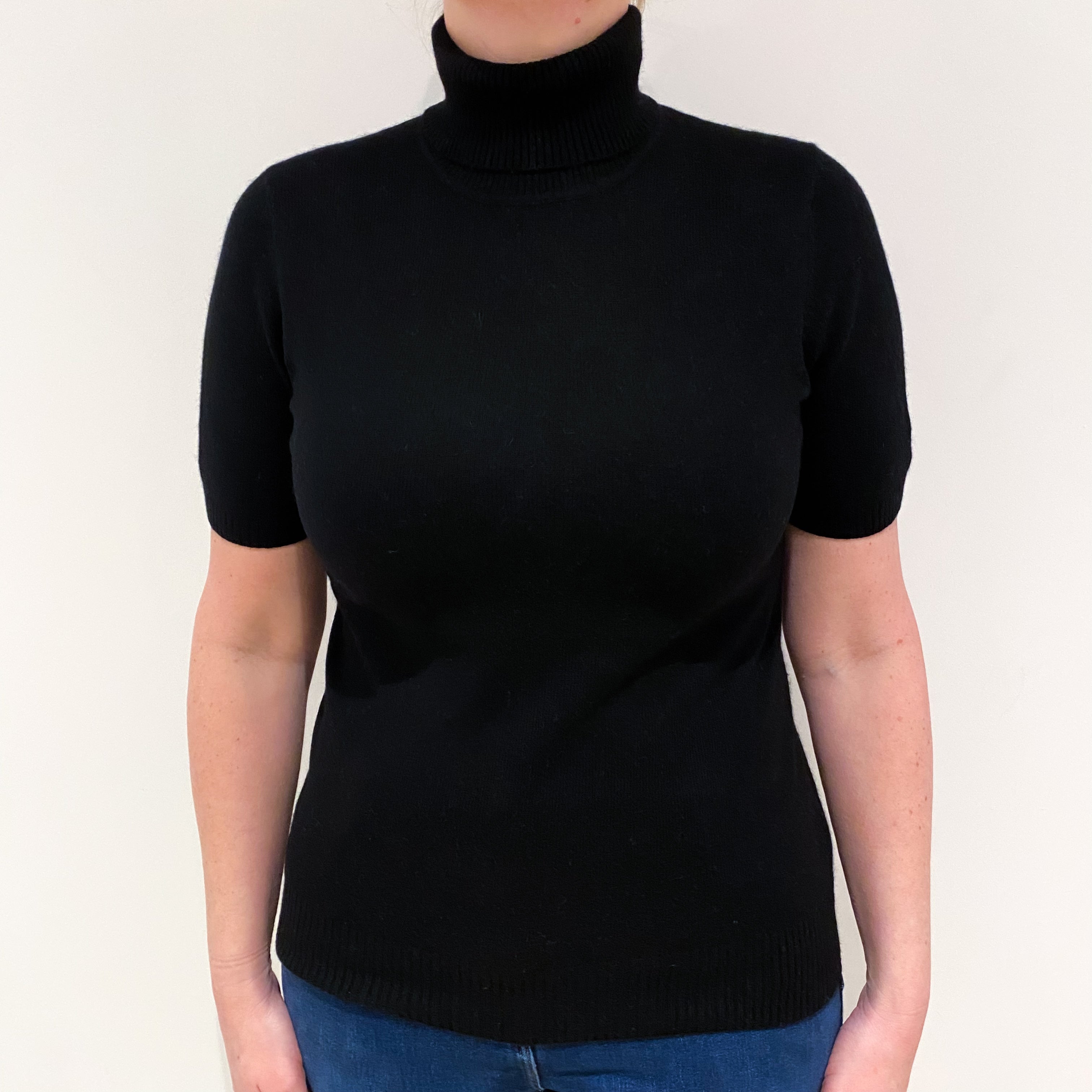 Black Cashmere Short Sleeved Polo Neck Jumper Large