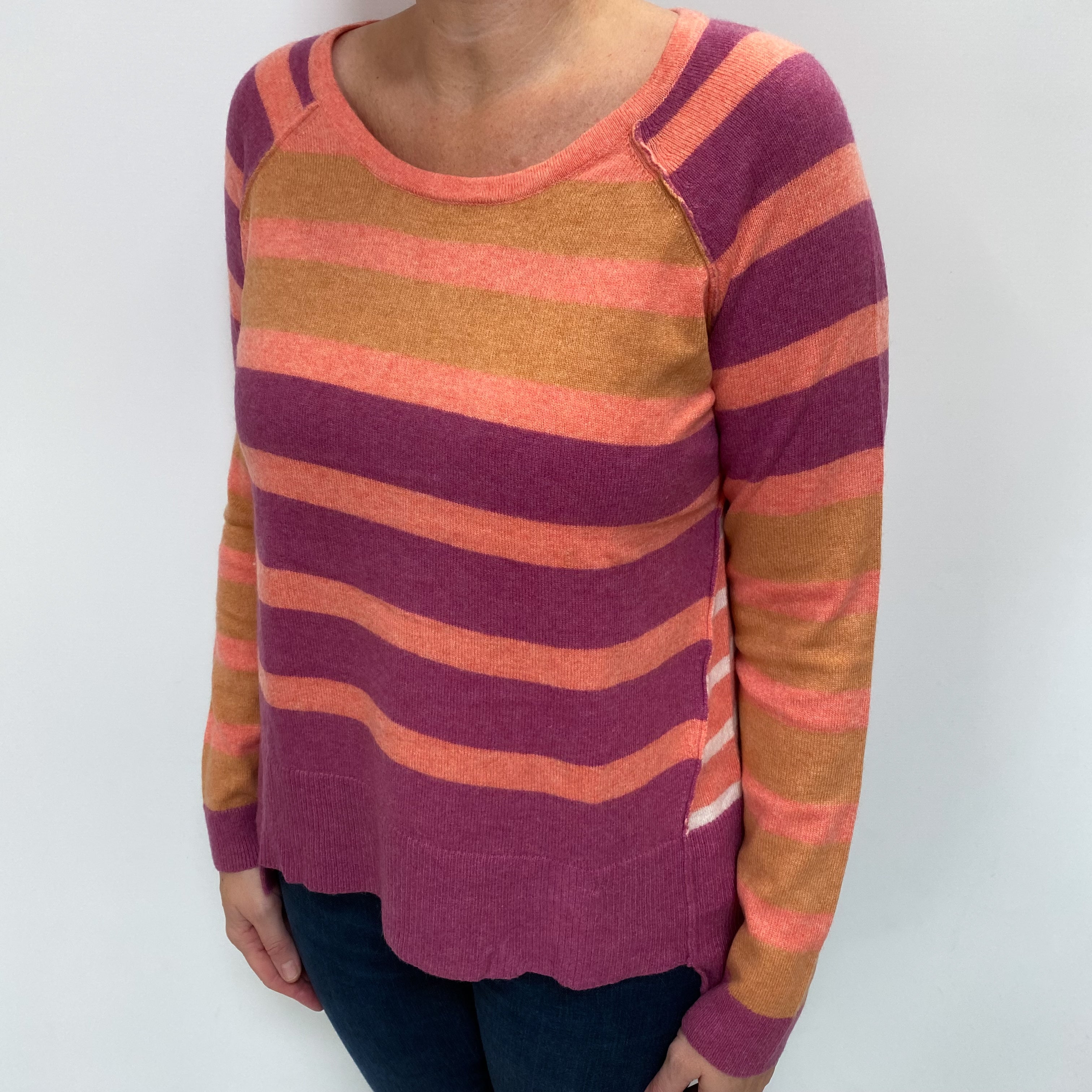 Coral and Magenta Stripe Cashmere Crew Neck Jumper Large