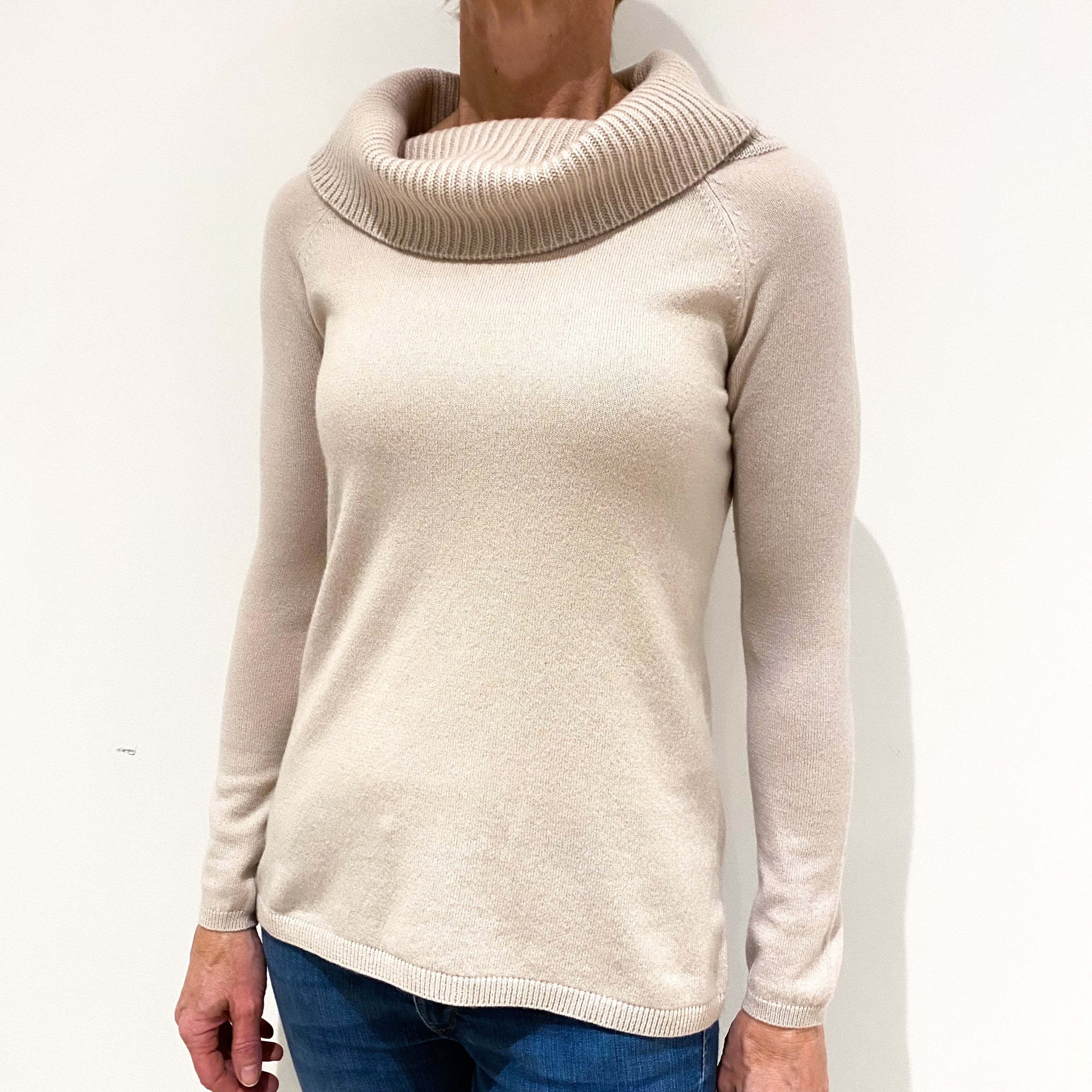 Pale Blush Pink Cashmere Cowl Neck Jumper Small