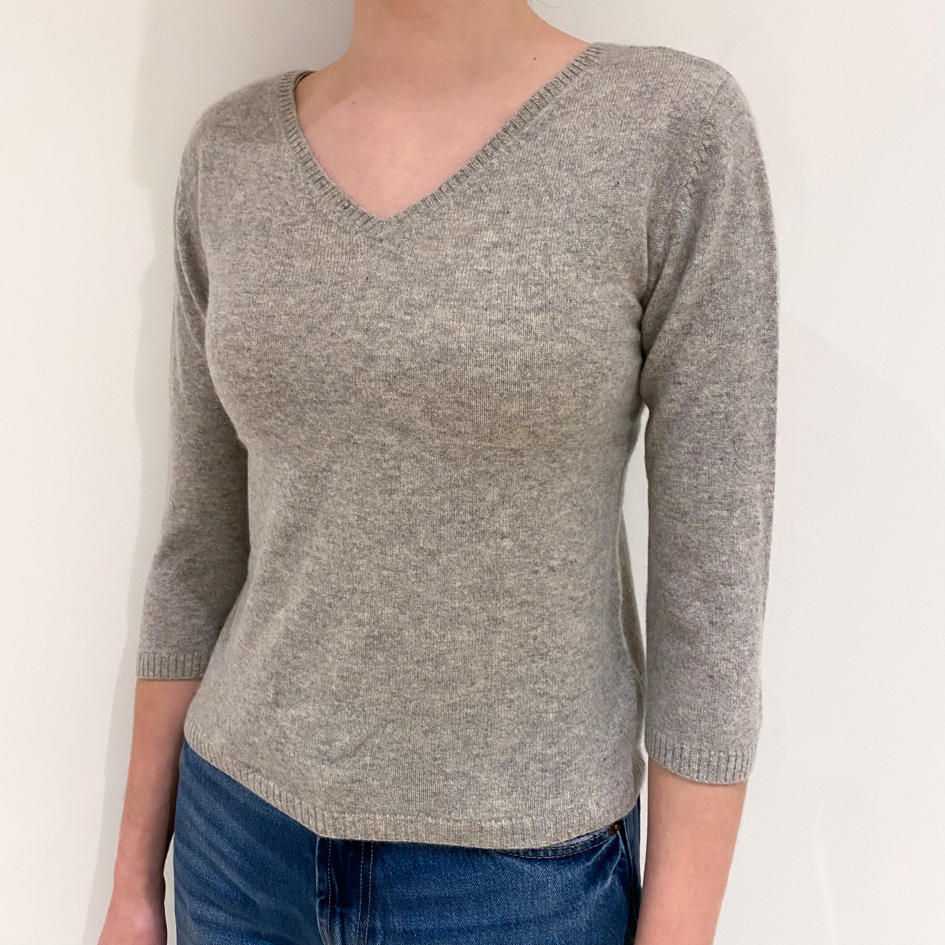 Smoke Grey 3/4 Sleeve Cashmere V Neck Jumper Extra Small