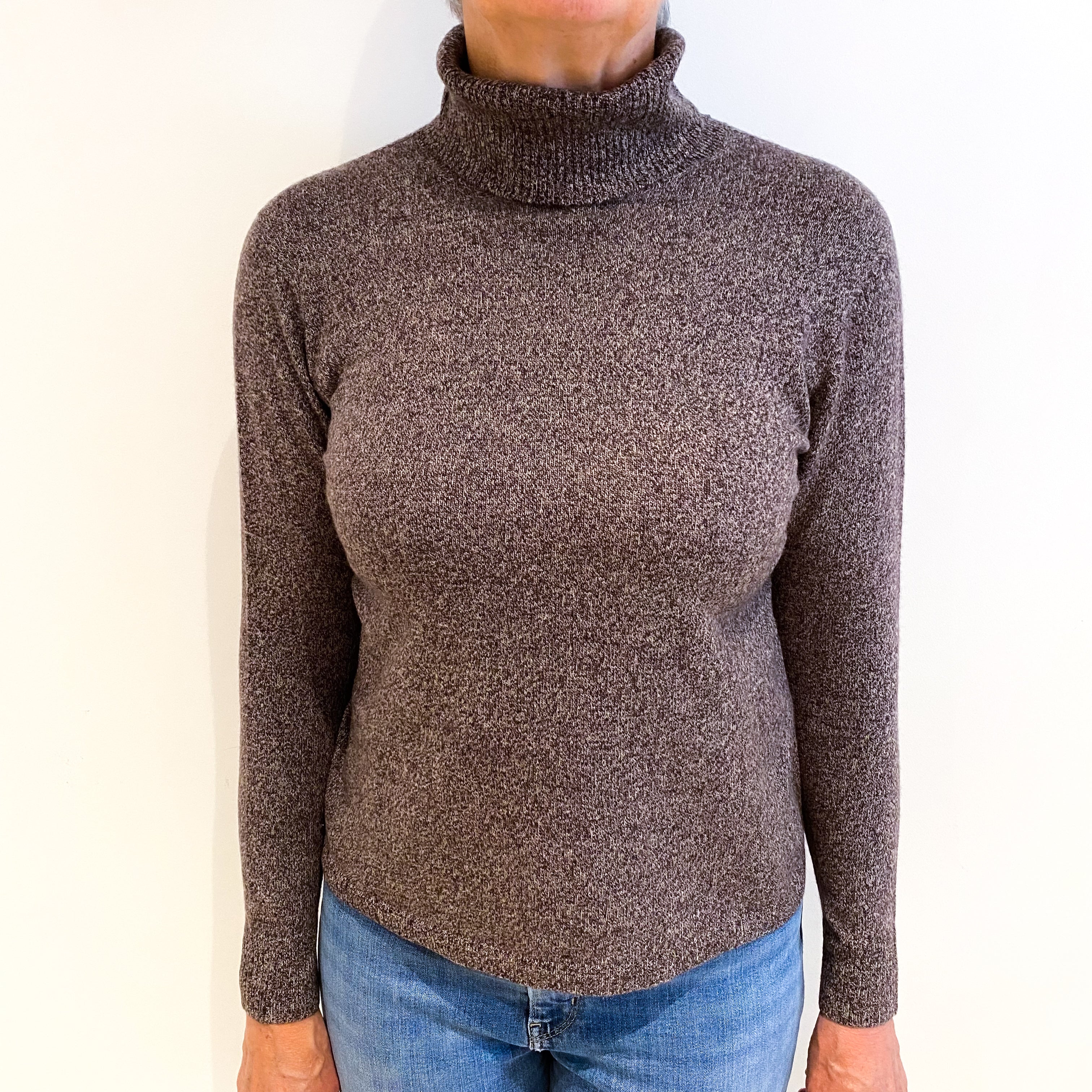Chocolate Brown Marl Cashmere Polo Neck Jumper Medium