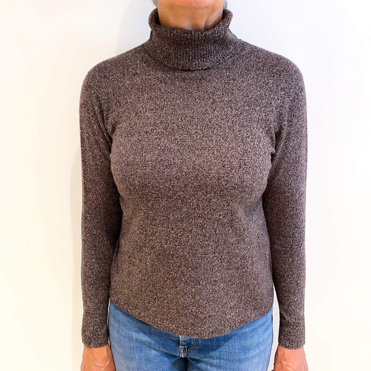 Chocolate Brown Marl Cashmere Polo Neck Jumper Medium