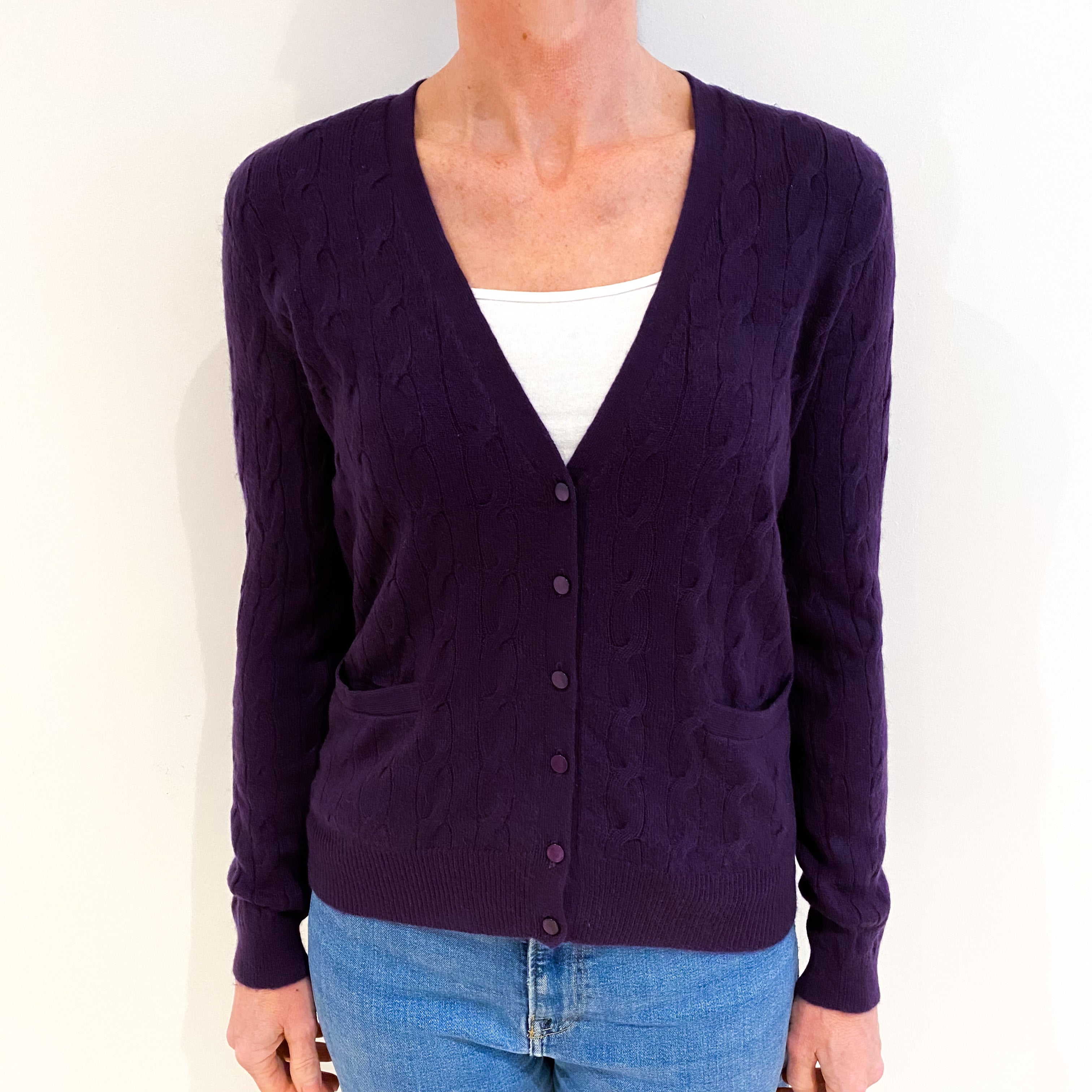 Iris Purple Cable Knit Cashmere V Neck Cardigan Small