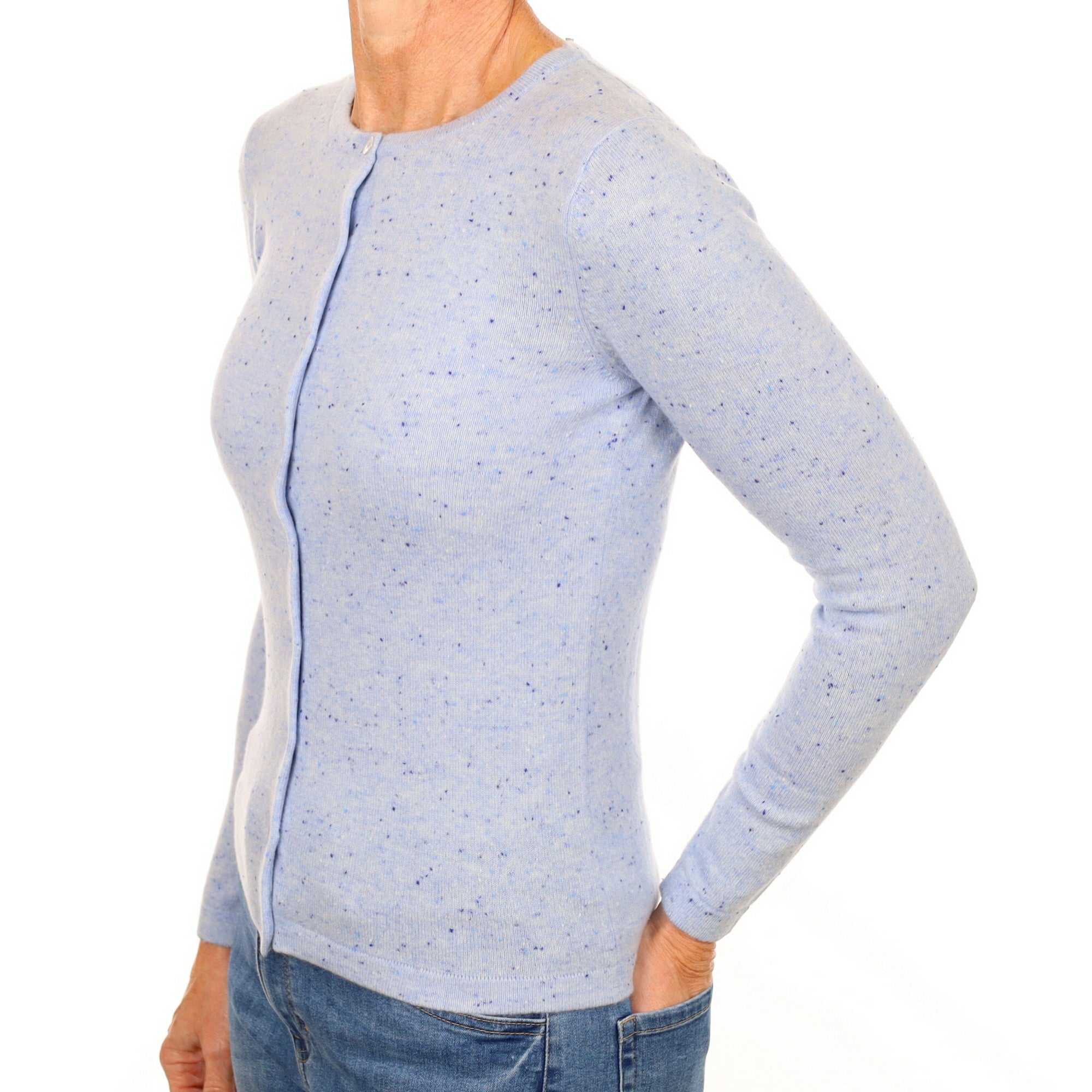 New Pale Blue Flecked Cashmere Crew Neck Cardigan Small