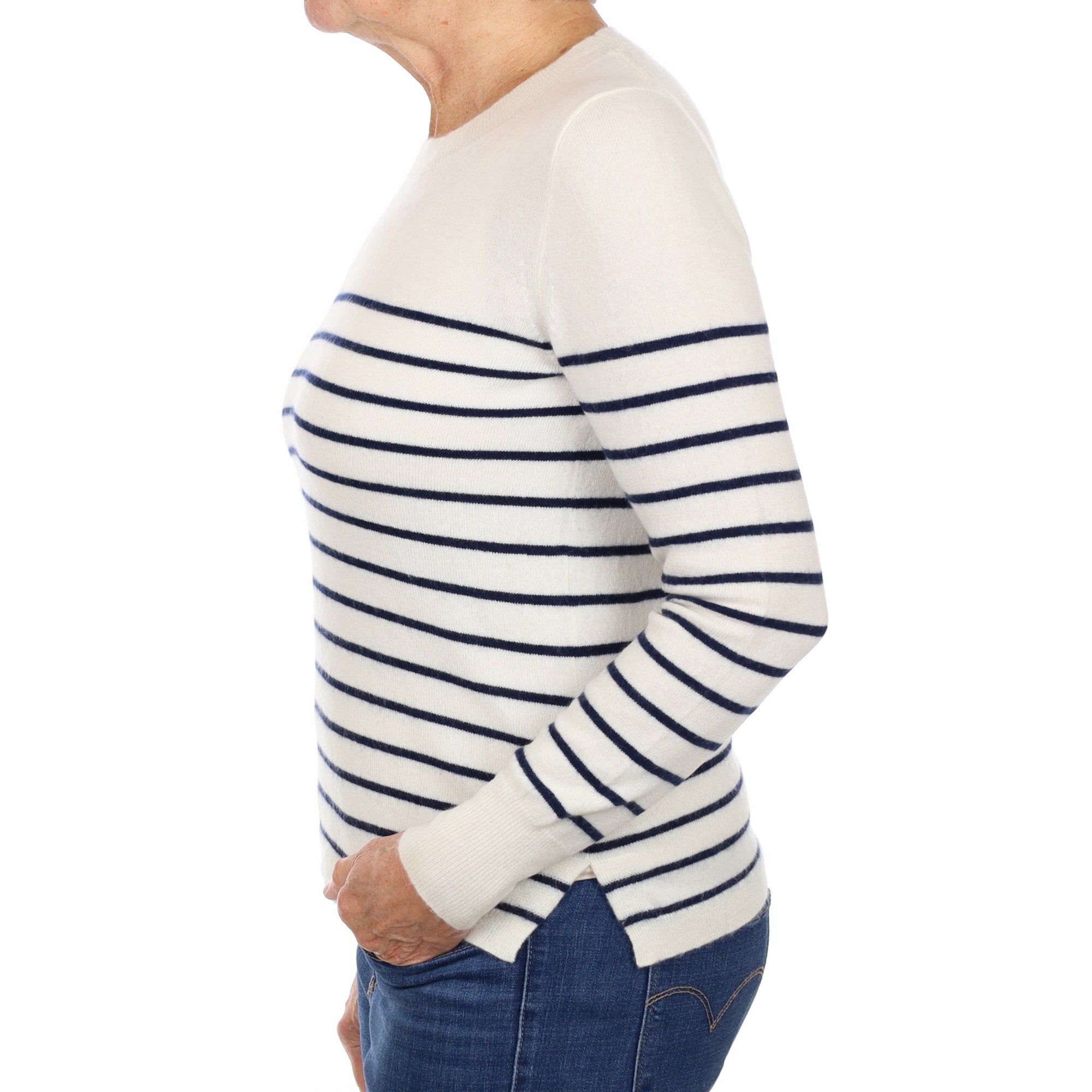 Cream and Navy Striped Cashmere Crew Neck Jumper Medium